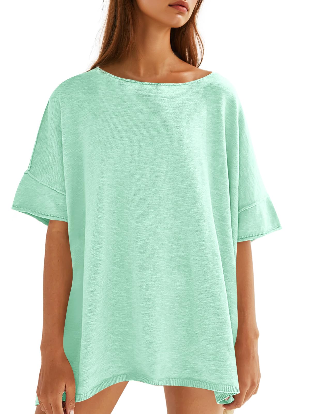 Tankaneo T-shirt surdimensionné pour femme - Col rond - Manches courtes - Ourlet fendu sur le côté - Tunique