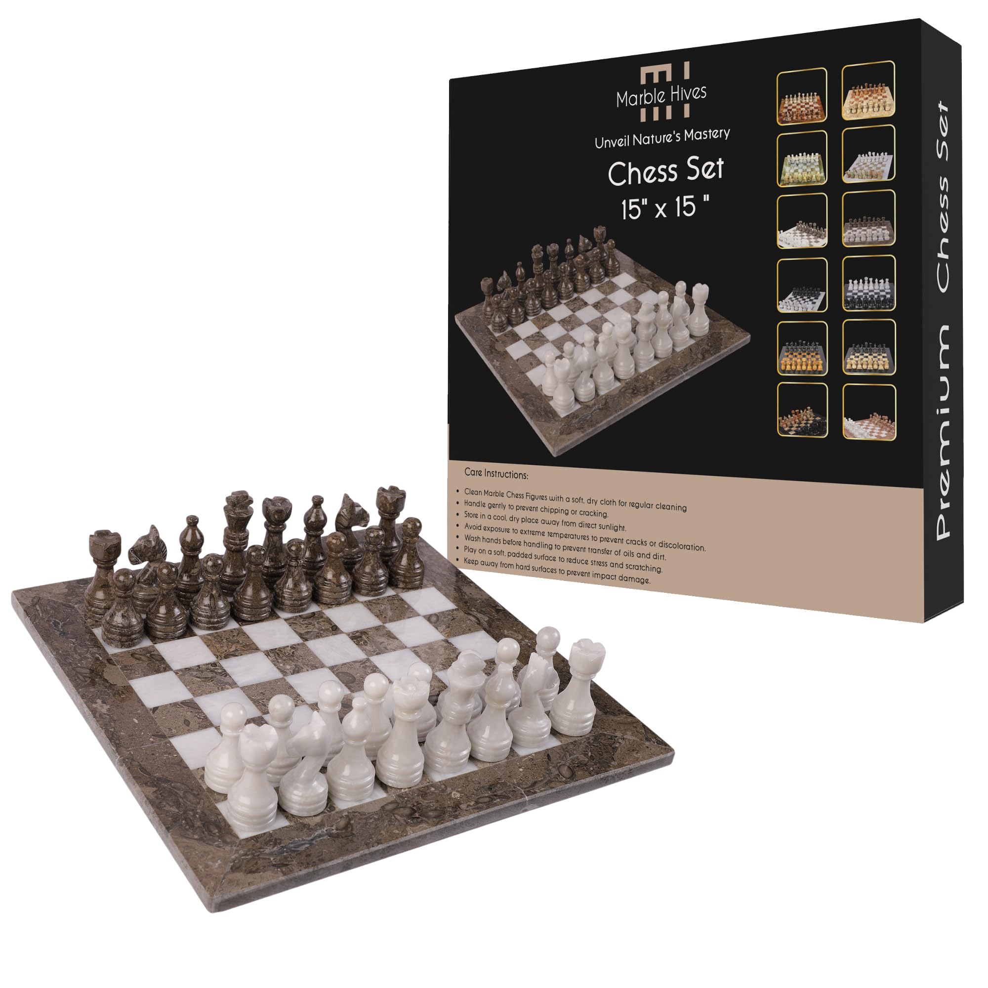 Handmade Marble Chess Set - Chess Sets for Adults - Premium Quality Chess Boards - Fancy Chess Boards (15 x 15 Without Checkers, Grey & White)