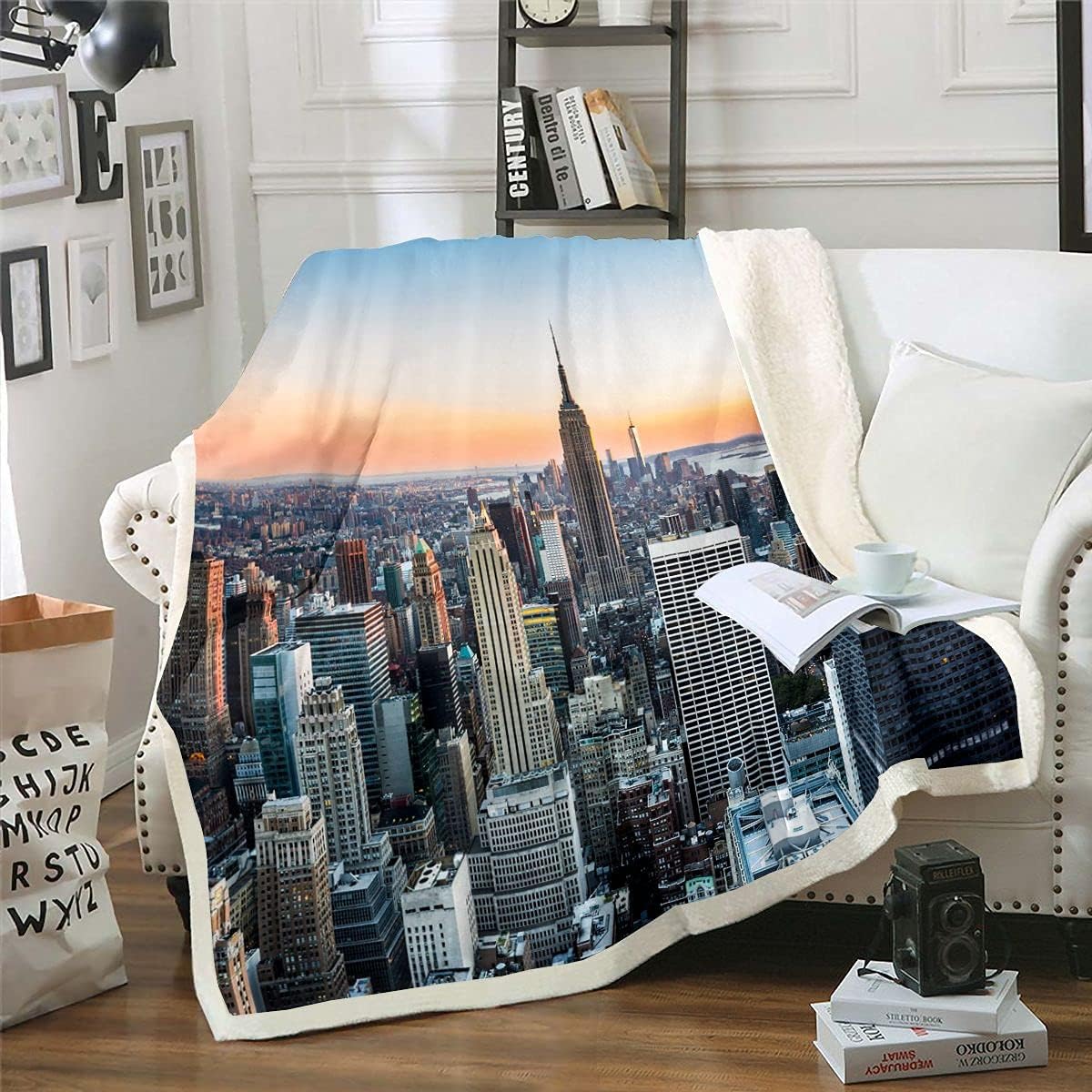 New York Sherpa Blanket New York City Manhattan Skyline Cityscape Fleece Throw Blanket Contemporary Artistic Sunset Landscape Fuzzy Blanket for Sofa Bed Couch,Twin 60x80 Inches