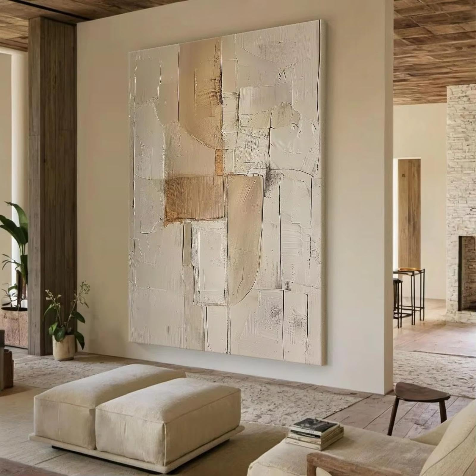 Stampe su tela astratte di grandi dimensioni beige, semplici quadri da parete marroni, quadri geometrici testurizzati per l'arredamento del soggiorno, 80x120 cm (31x47 pollici) senza cornice