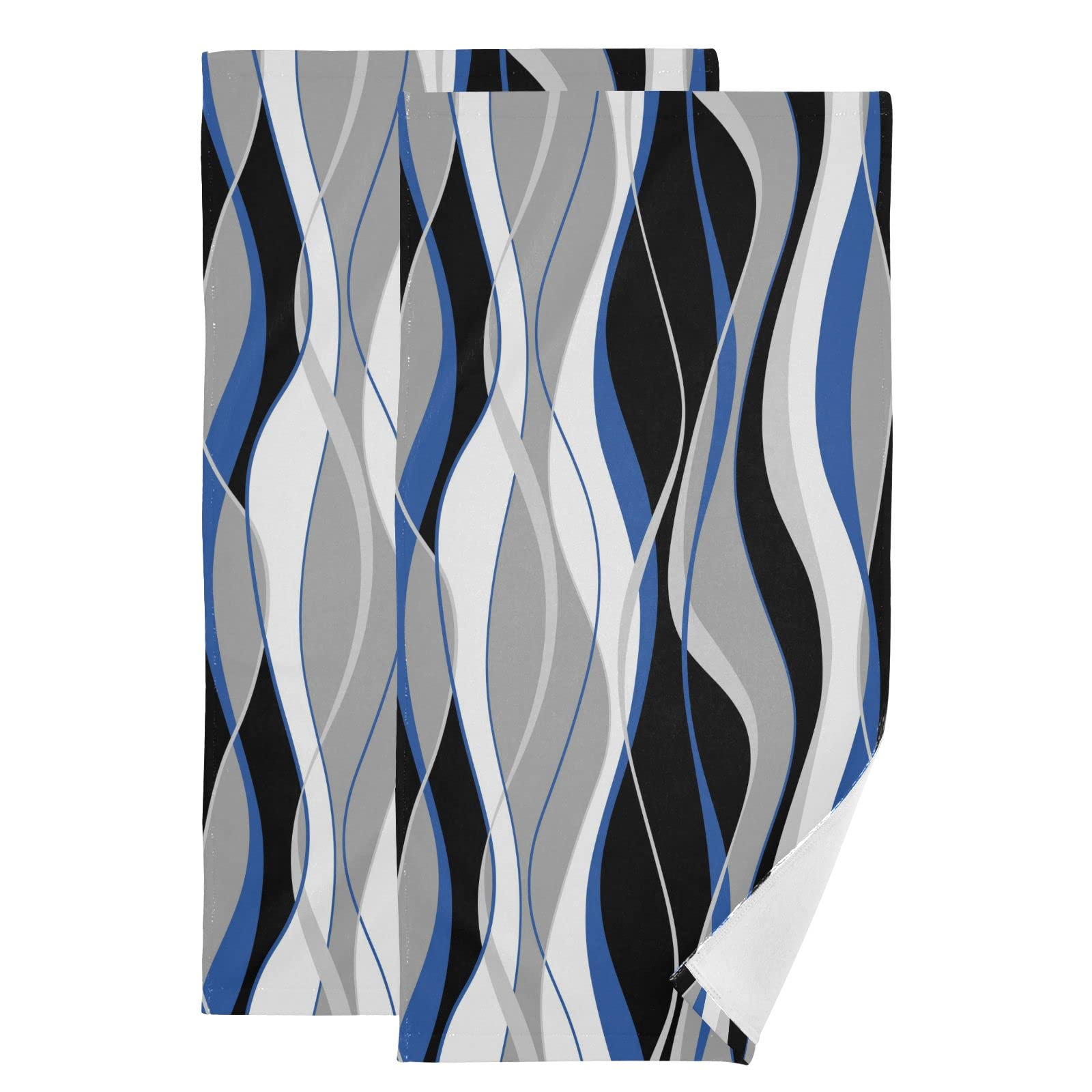PATINISA Black and Blue Hand Towels for Bathroom Set of 2 White Grey Striped Modern Abstract Soft Absorbent Kitchen Dish Towels Decorative Bathroom
