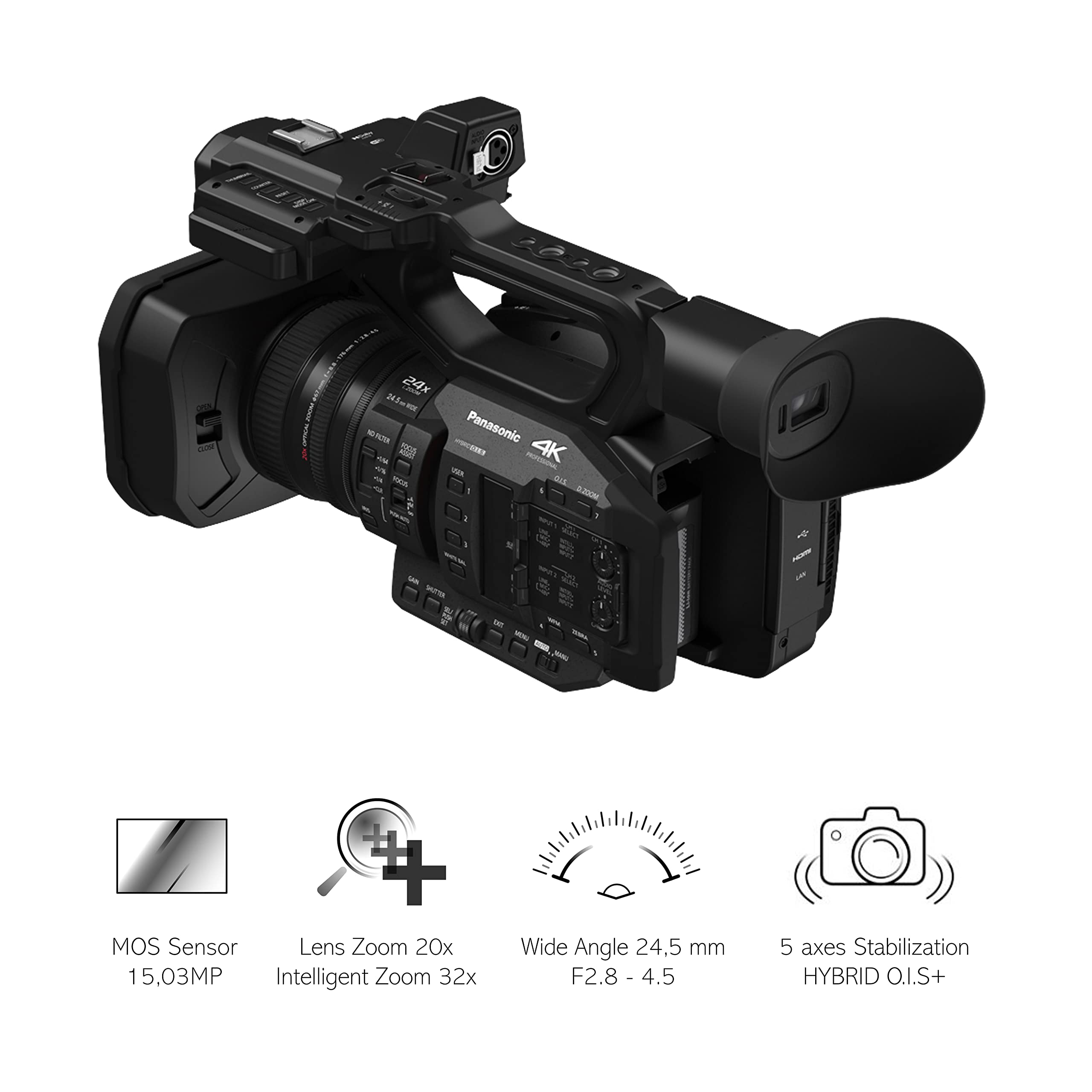 Panasonic X2 I Caméscope Semi-Pro 4K (4K 60p, Zoom Optique 20x, 24.5mm, Stabilisé, V-Log, Timecode, Viseur inclinable, Enr. Interne 4:2:2 10bit 4K, Live Streaming FHD) Noir – Version Française