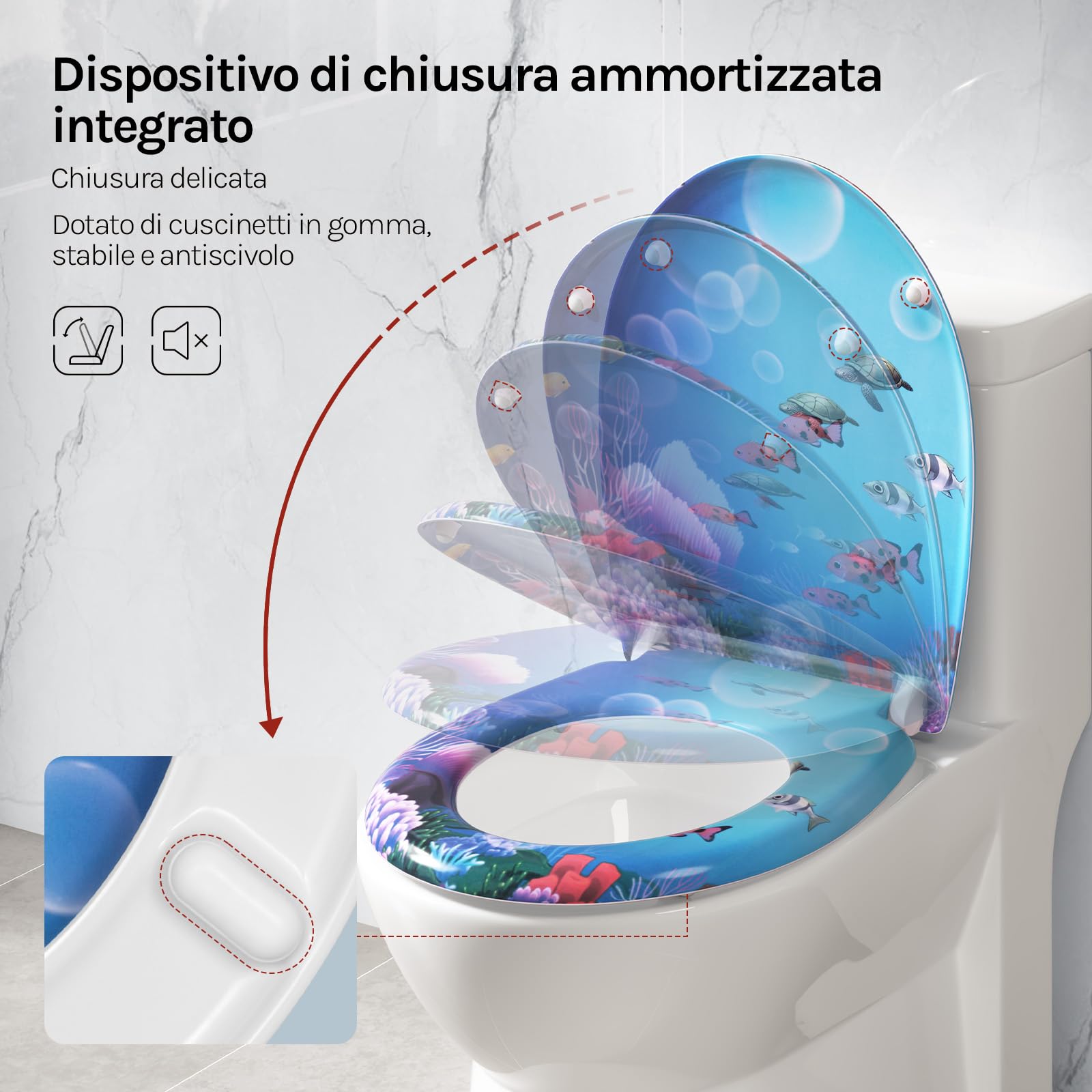 WOLTU Sedile WC con abbassamento automatico, motivo sedile WC con funzione Quick Release e, coperchio WC di alta qualità, in termoindurente, pesce