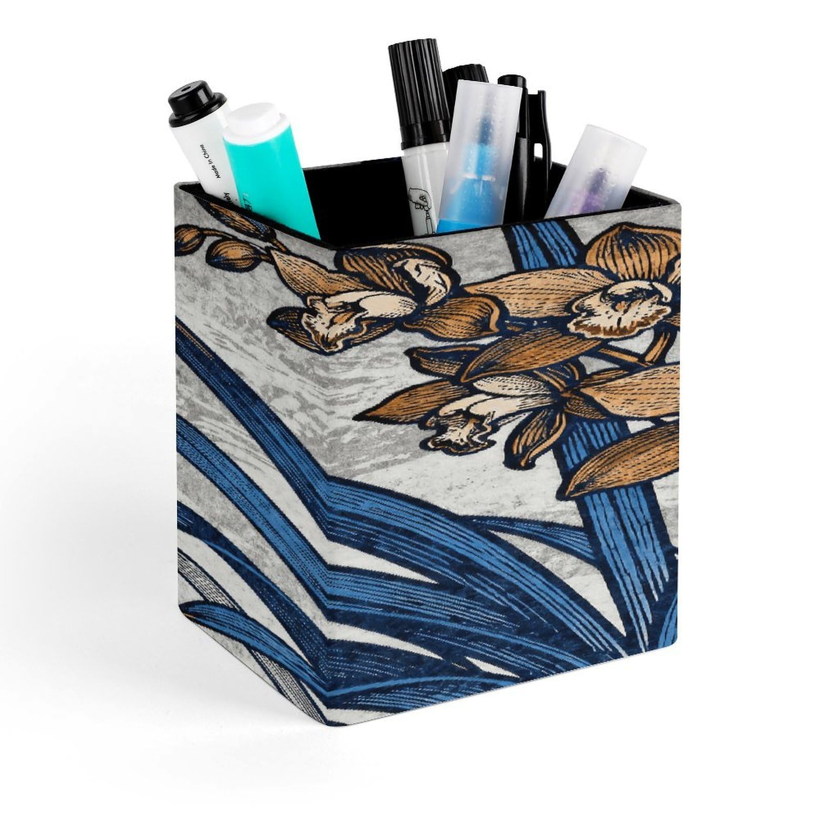 LZQPOEAS Orchid Square Pen Pencil Holder PU Leather Pencil Cup Desktop Stationery Organizer Office Accessories Container