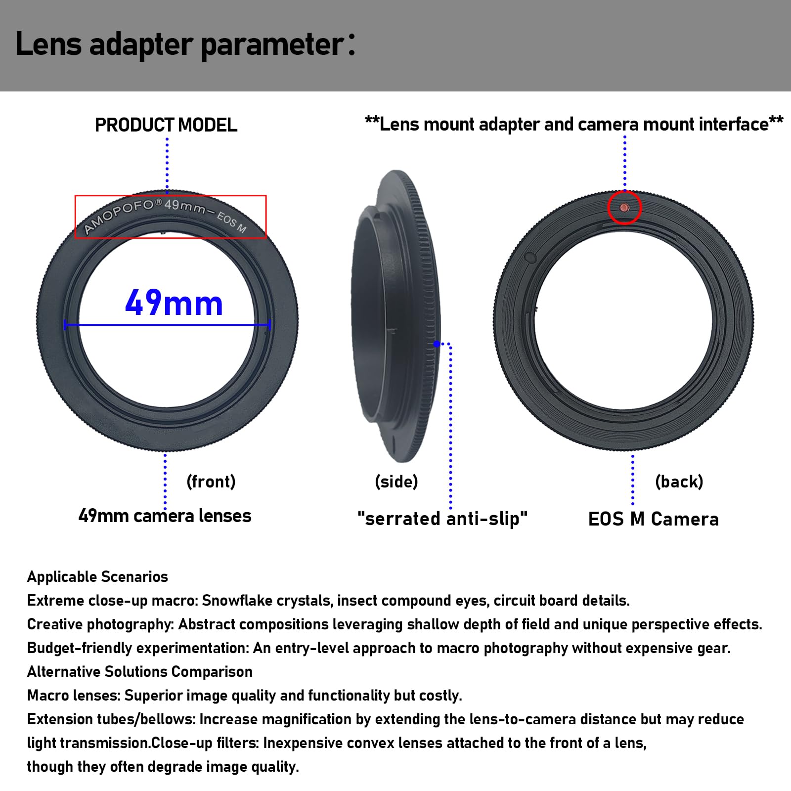 Anello di inversione obiettivo macro da 49 mm a EF M compatibile con fotocamera mirrorless EF-M M1 M2 M3 M5 M6 M10 M50 M100, con obiettivo filettatura filtro da 49 mm. Scatto macro