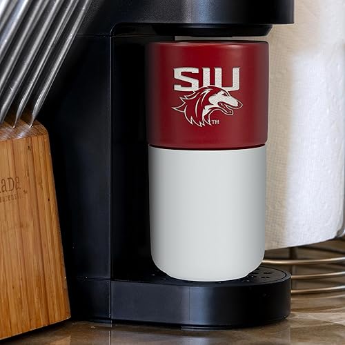 Miniatura 145 de Rico Industries NCAA Miami of Ohio Redhawks - Vaso de cerámica de 16 onzas con agarre de silicona, grabado láser profundo, diseño de color negro