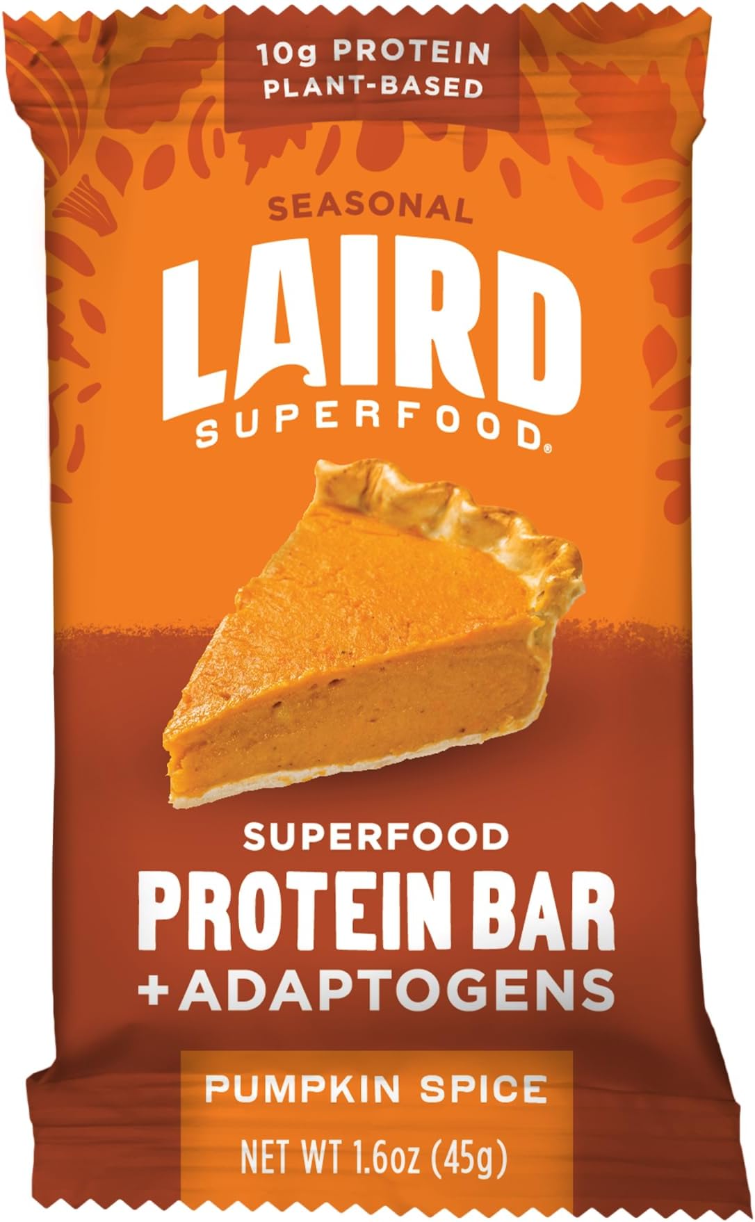 Laird Superfood Functional Protein Bars – Protein Bar but Better with Real Ingredients, Functional Mushrooms 10g Plant-Based Protein, 6g Fiber - Non-GMO - Pumpkin, 10 Count (Pack of 1)