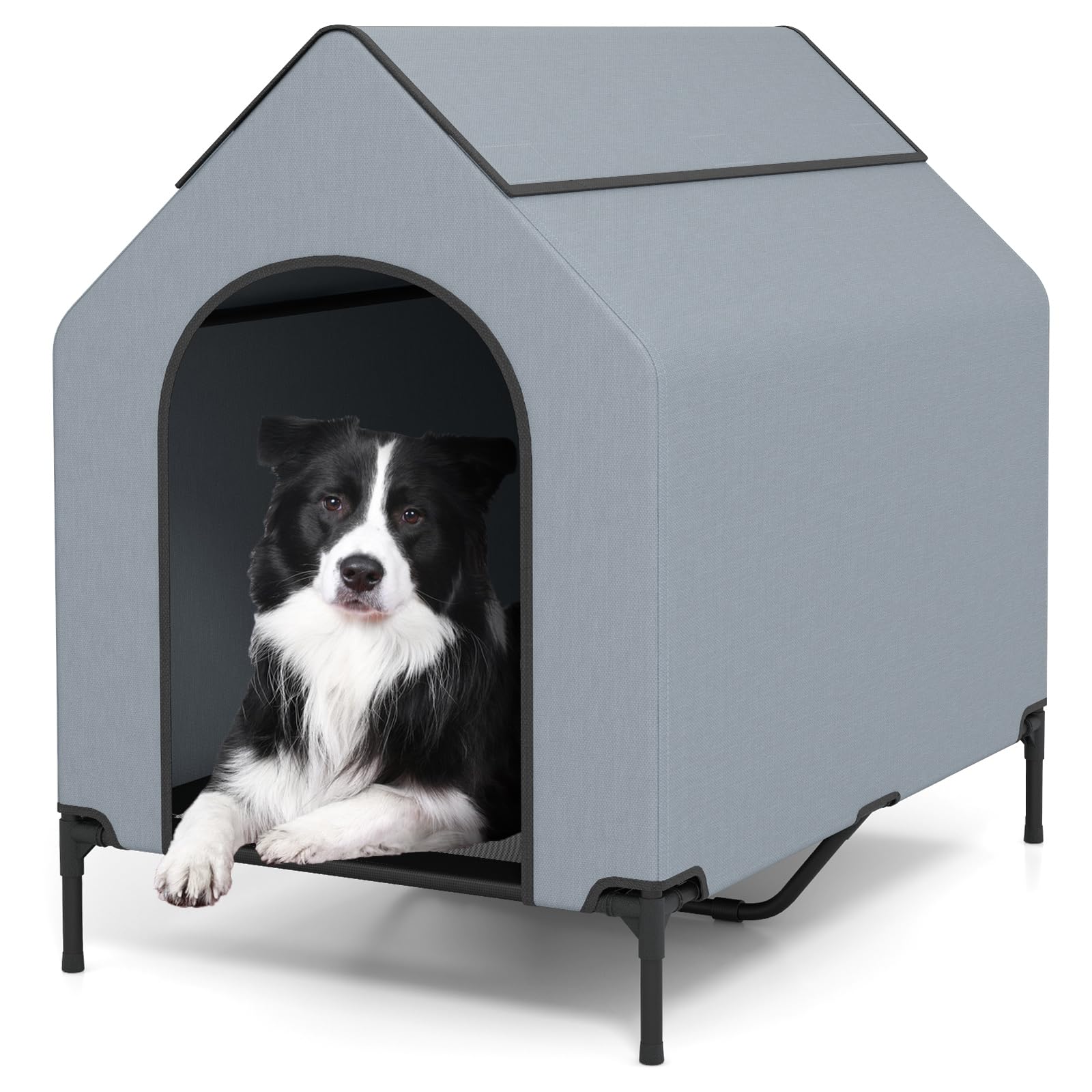 GOPLUS 2 en 1 Niche Surélevée pour Chien, Tente Résistant aux Intempéries avec Fenêtres Ventilées, Lit en Tissu Maillé, Intérieur Extérieur (M)