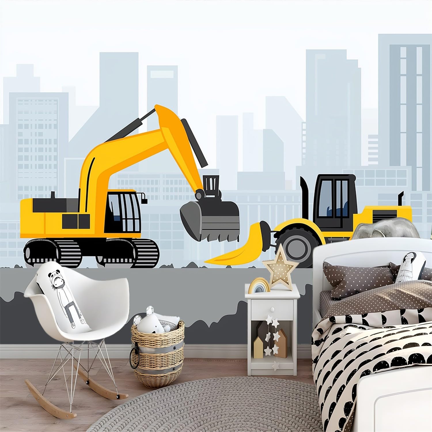 Tapete Vlies 3D Deko Panel Fototapete Wanddeko, Einfacher Abstrakter Bagger Mustertapete Grau Design Dekoration, 400 x 280 cm für Büro Schlafzimmer Esszimmer