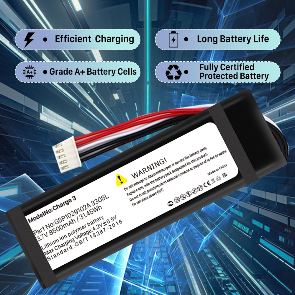Batteria da 8500 mAh per JBL Charge 3, batteria di ricambio migliorata da 3,7 V, compatibile con altoparlante GSP1029102A 330SL con strumento di riparazione (modello n.: Charge 3)