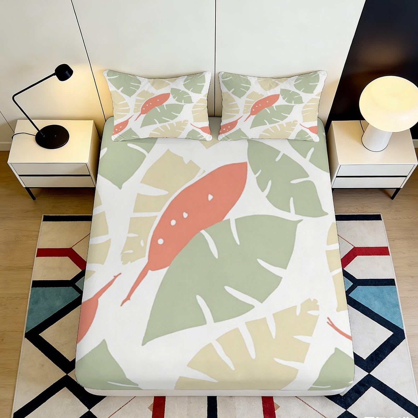 3D Printed Pastel Leaf Pattern Fitted Sheet Microfiber Soft Breathable Abstract Botanical Bed Cover for Bedroom Dorm Mattress Protection Decor 140x200x25cm