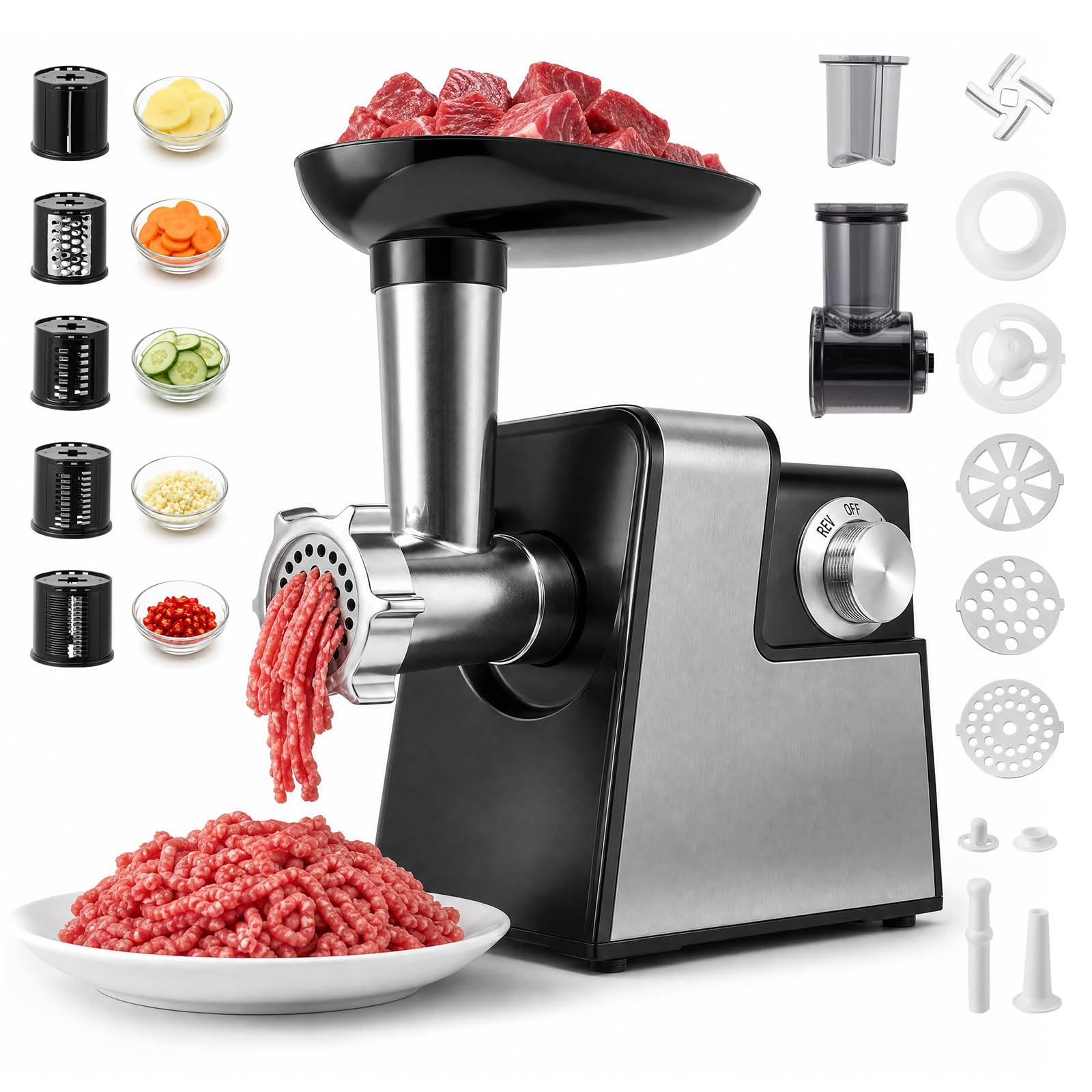 Tritacarne elettrico, insaccatrice per salsicce, inossidabile 2800 W max e tritatutto per verdure, 3 piastre di macinatura, taglierina per verdure con 5 lame affettatrici e kit Kubbe