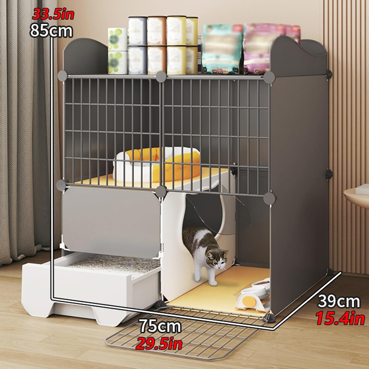 Cat Cage with Cat Litter Box, Cat Enclosure with 360°Caster Wheels and Cat Climbing Ladder, Pet Playpen Indoor, Detachable Metal Wire Small Animal Cages(29.5x15.4x33.5in/75x39x85cm)