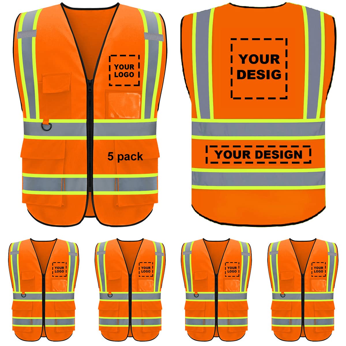 BeautyWill Hi Vis Custom Safety Vest,Class 2 High Visibility with Reflective Strips Safety Vest with 5 pockets, Construction Uniform Meets ANSI/ISEA Standards -5 Pack(014Orange, XXL) — image 1