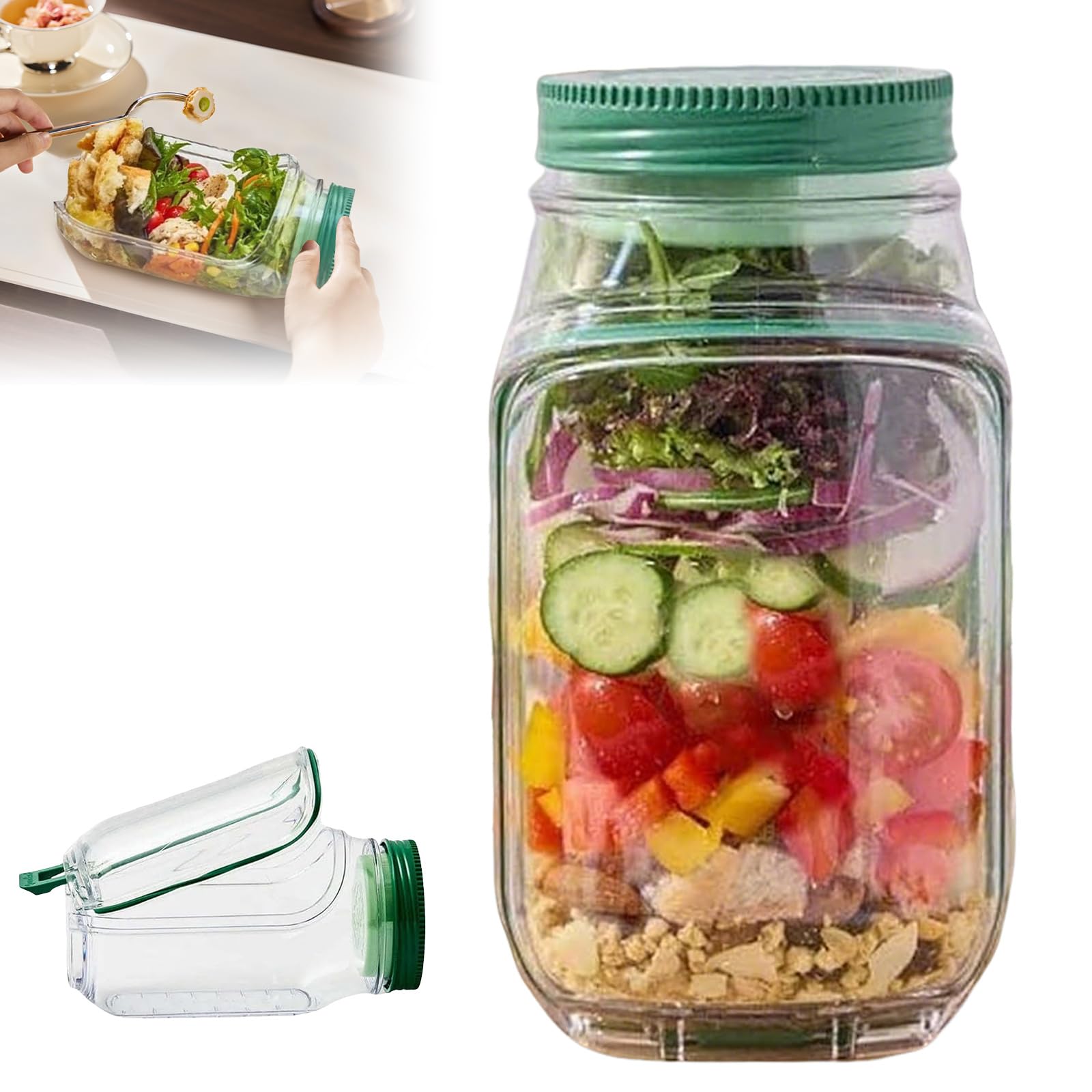 Salad Pod Jar,Portable Salad Container,Vertical Layering Salad Pod Built-in Bowl Design, With Leakproof Dressing Compartment,Plastic Interval Salad Box Crisper Container Storage Box Keep Fresh (Green)
