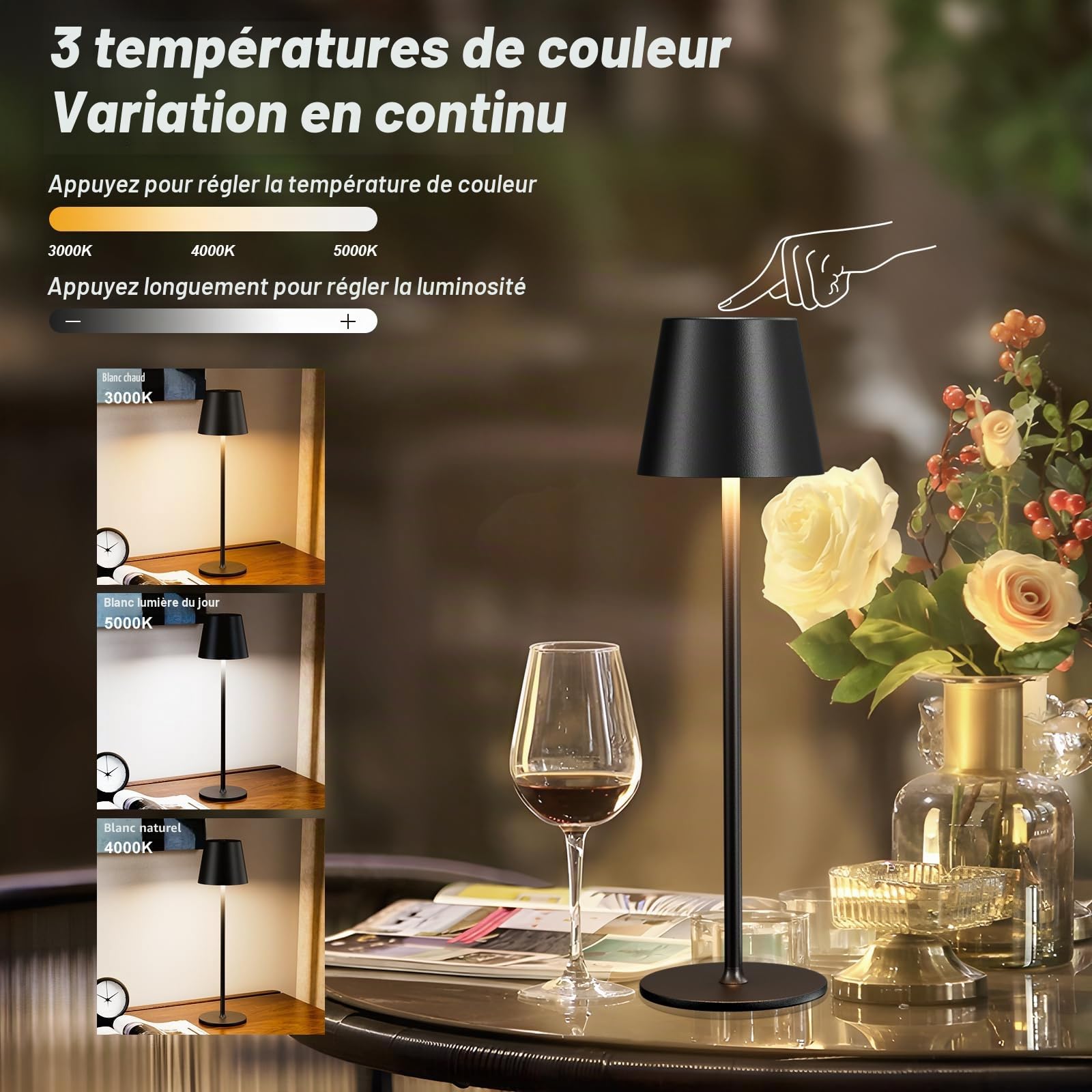 2 Pièces Lampe de Table LED Sans Fil, 3 Température de Couleur, Intensité Variable, Lampe de Chevet Tactile Rechargeable pour Chambre Salon Camping Jardin Café Extérieur(Noir)