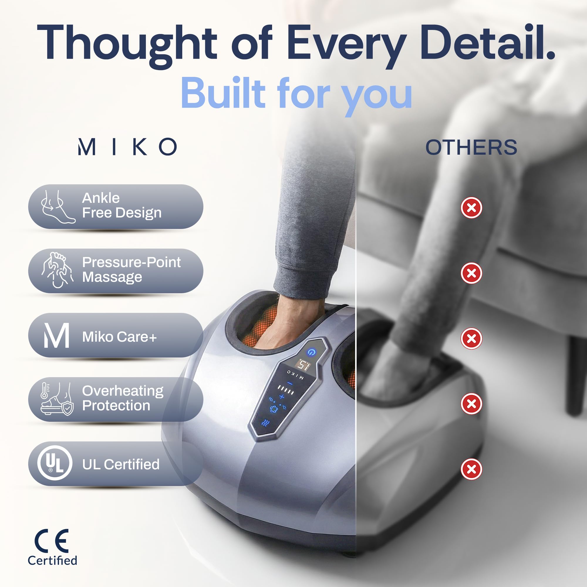 Miko Machine de massage des pieds avec pétrissage profond, compression, Shiatsu et chaleur pour la fasciite plantaire, la neuropathie, convient jusqu'à la taille 47 pour les hommes.