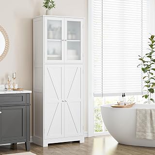 HOCSOK Bathroom Tall Cabinet, Bathroom Storage Cabinet with 4 Doors and 6 Storage Compartments, Wooden Freestanding Cupboard for Living Room Entryway and Office, White