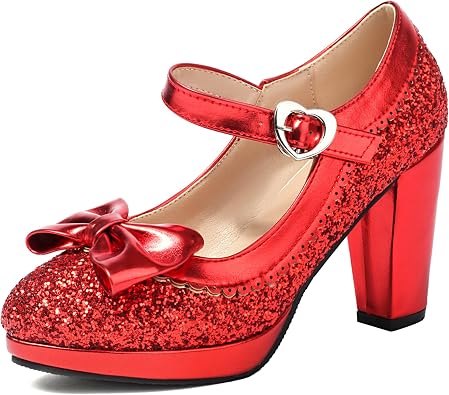 LUXMAX Rockabilly Shoes for Women Glitter Mary Janes Sparkly Pumps Coquette Shoes Chunky High Heel Kawaii Shoes,Sweet Bow Dress Pumps 1950s Shoes