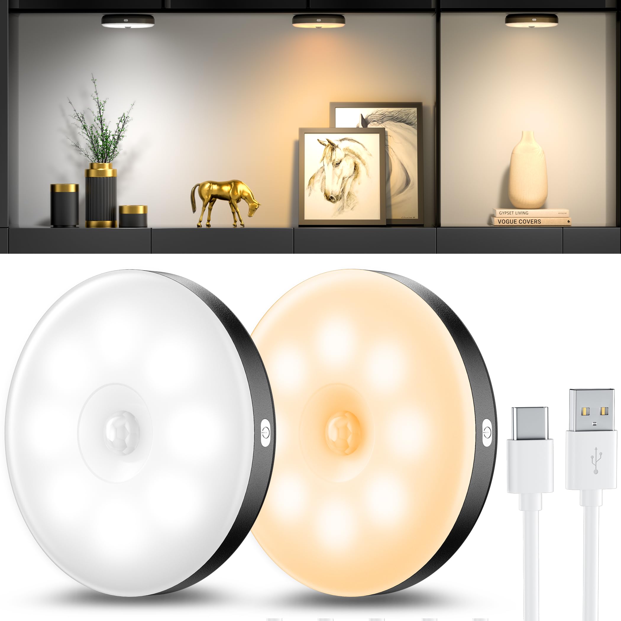 Nachtlicht mit Bewegungsmelder, Dreifarbige USB Wiederaufladbare LED-Licht, Schrankbeleuchtung, Bewegungsmelder innen für Treppenbeleuchtung, Schlafzimmer, Küche, Kinderzimmer. (2 Stück,Schwarz)