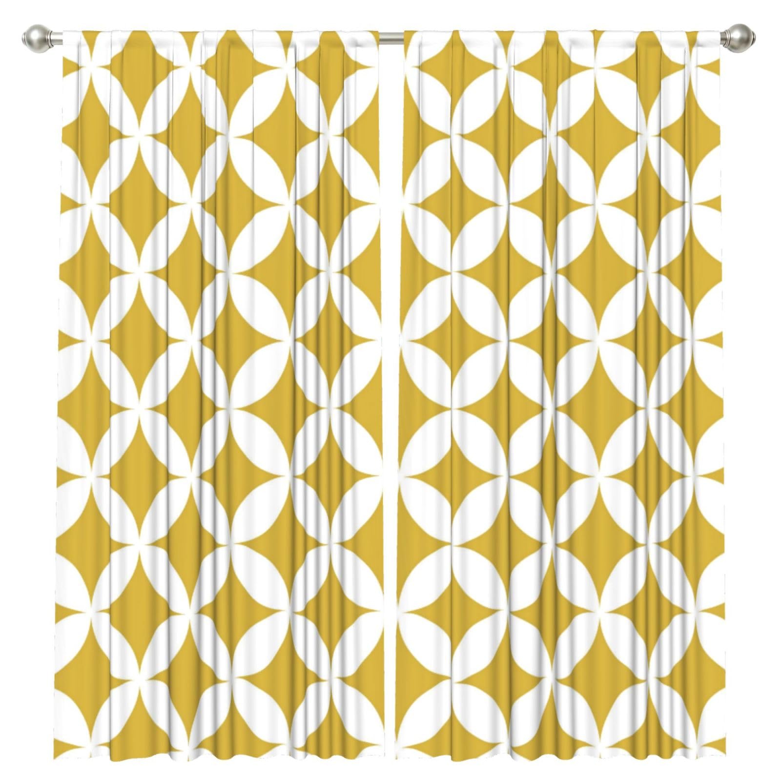InOmak Classic Geometric Circles In Mustard And White, 2 Panels Window Curtains 52 x 84 Inch Blackout Curtains for Living Room Bedroom