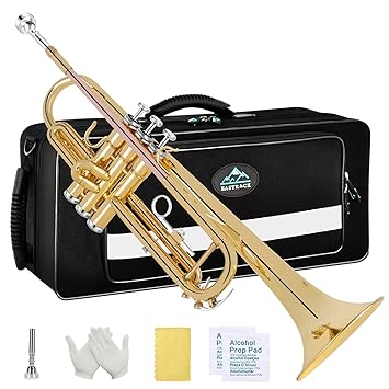 Eastrock Gold Trumpet Brass Standard Bb Trumpet Set for Beginnner, Student with Hard Case, Gloves, 7C Mouthpiece, Trumpet Cleaning Kit-Lacquer Gold