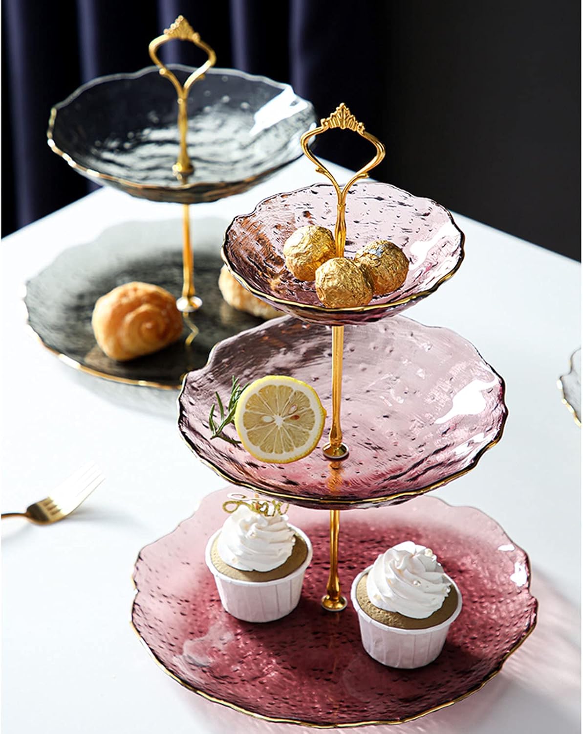 Tiered Stand Tower 3 Tier Cake Stand, Nut Storage Containers Serving Platter with Non-Slip Bottom, 2 Tiered Glass Round Plates for Banquet Office Jewelry House, Tiered Tray Stand Dess