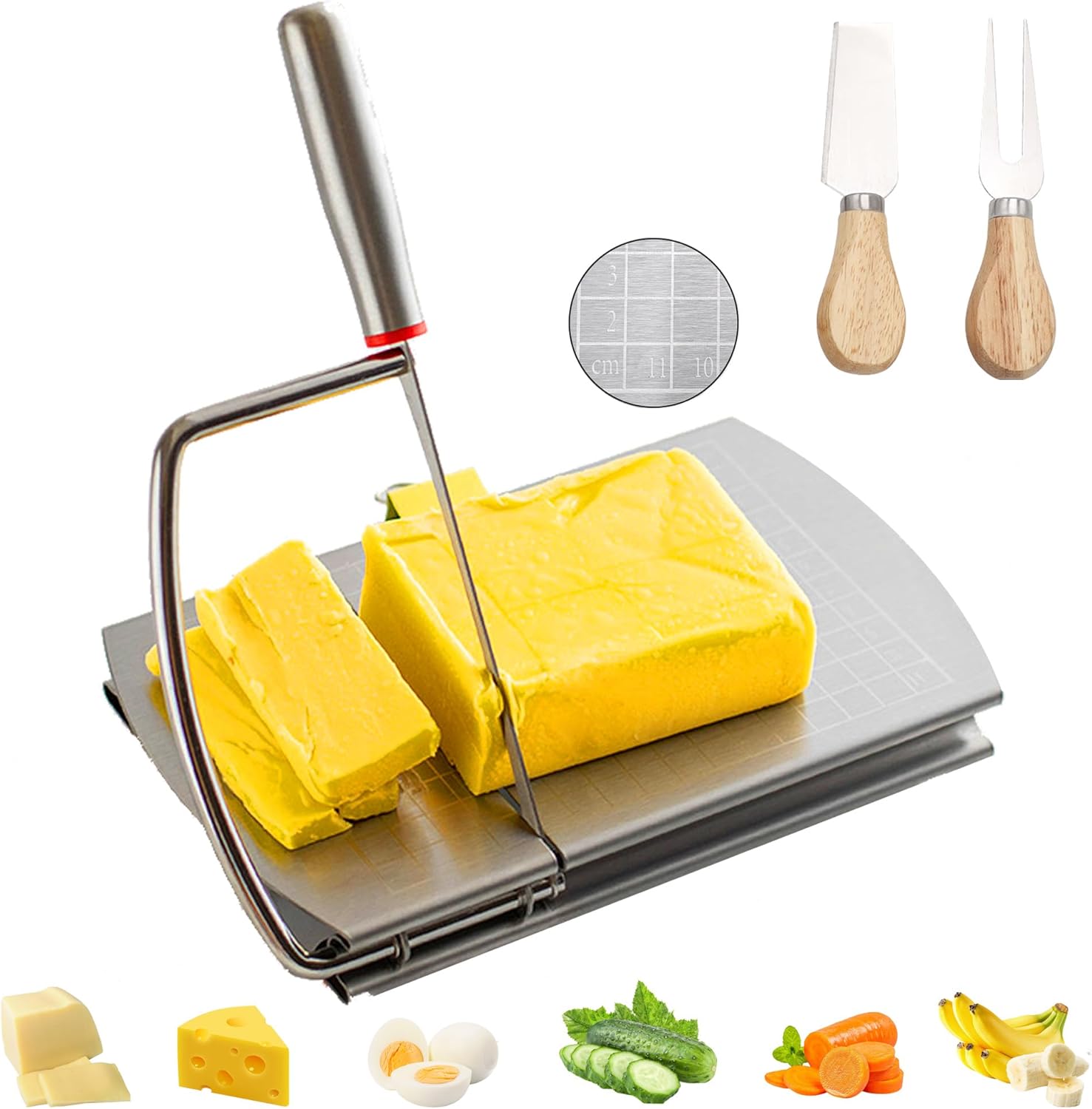 Multipurpose Cheese Slicer Cutter with 2 PCS Cheese Knife, Stainless Steel Cheese Cutter Board with Blade for Block Cheese,Butter, Sausage, Fruits, 2 PCS Cheese Knives Set Multipurpose Cheese Slicer Cutter with 2 PCS Cheese Knife, Stainless Steel Cheese Cutter Board with Blade for Block Cheese,Butter, Sausage, Fruits, 2 PCS Cheese Knives Set