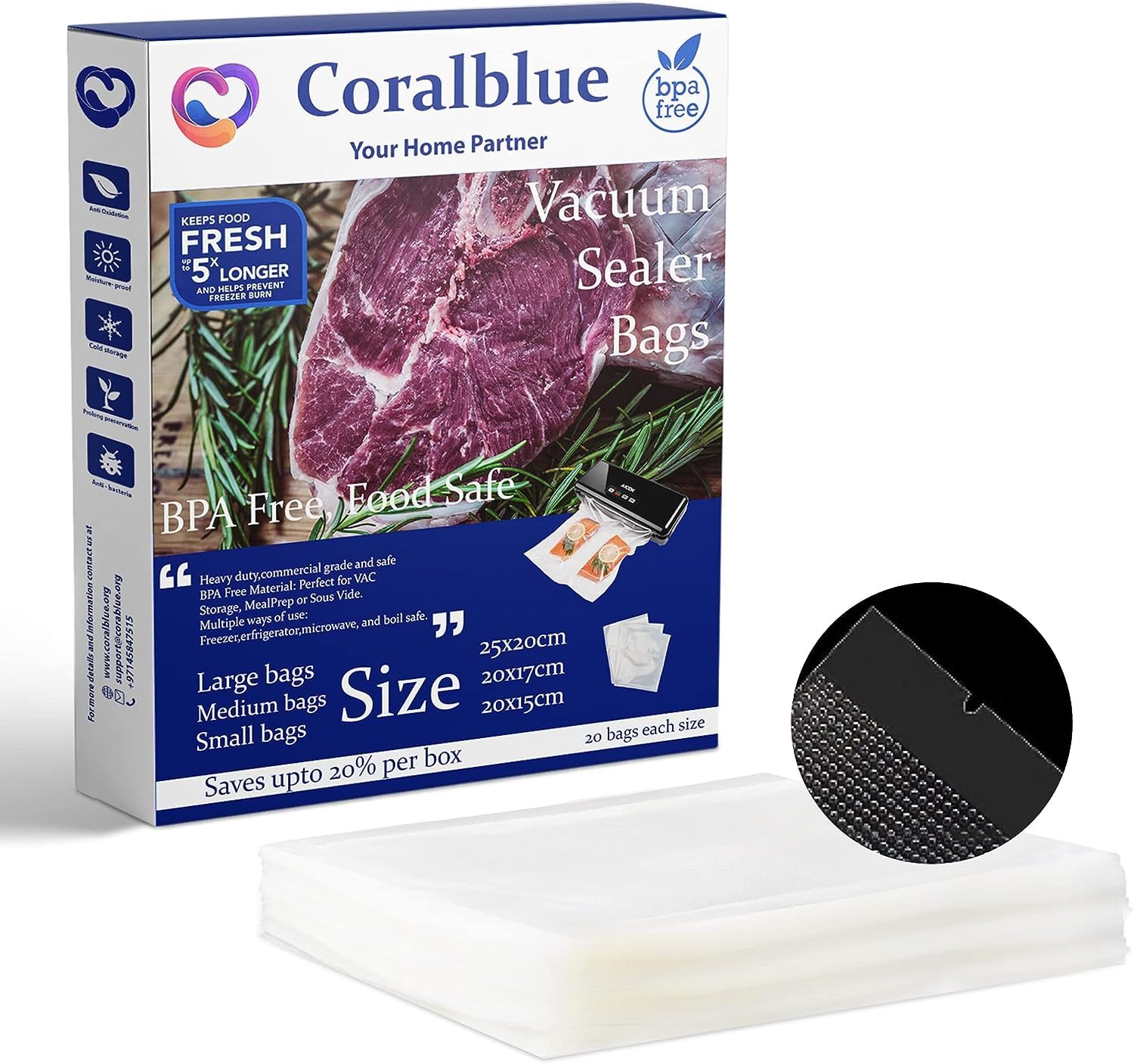 Coralblue Vacuum Sealer Bags 18 x 28 cm Pre-Cut – 100 Pack Food Grade PA + PE Multilayer, BPA Free, 180-190 Micron Thick, Embossed for Suction Vacuum Sealers, Freezer & Refrigerator Safe