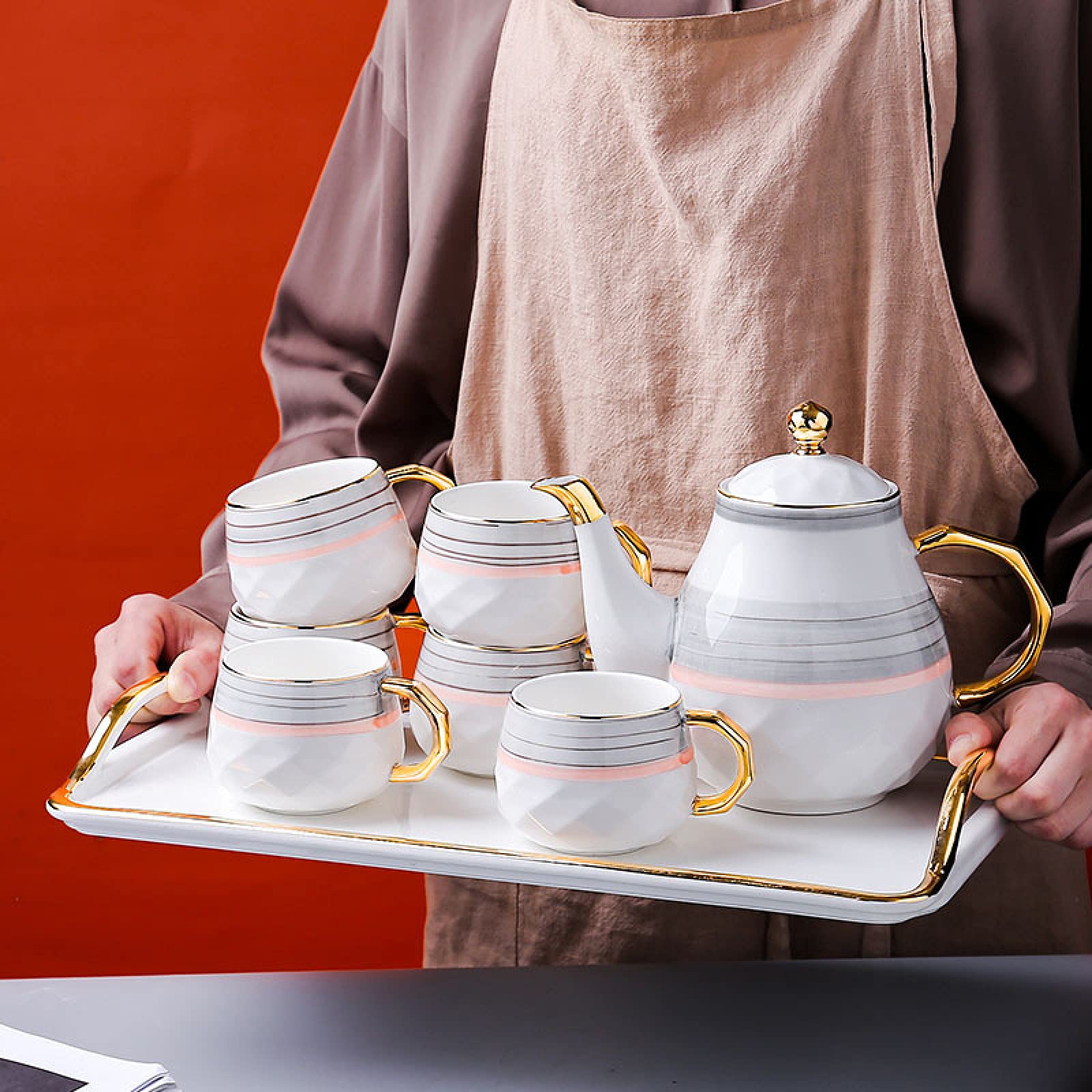 8-Elementowy Zestaw Do Herbaty Dla Dorosłych Z Czajniczkiem, Porcelanowy Zestaw Do Herbaty, Ceramiczny Zestaw Do Kawy I Herbaty, 6 Filiżanek, Czajniczek, Taca Do Serwowan