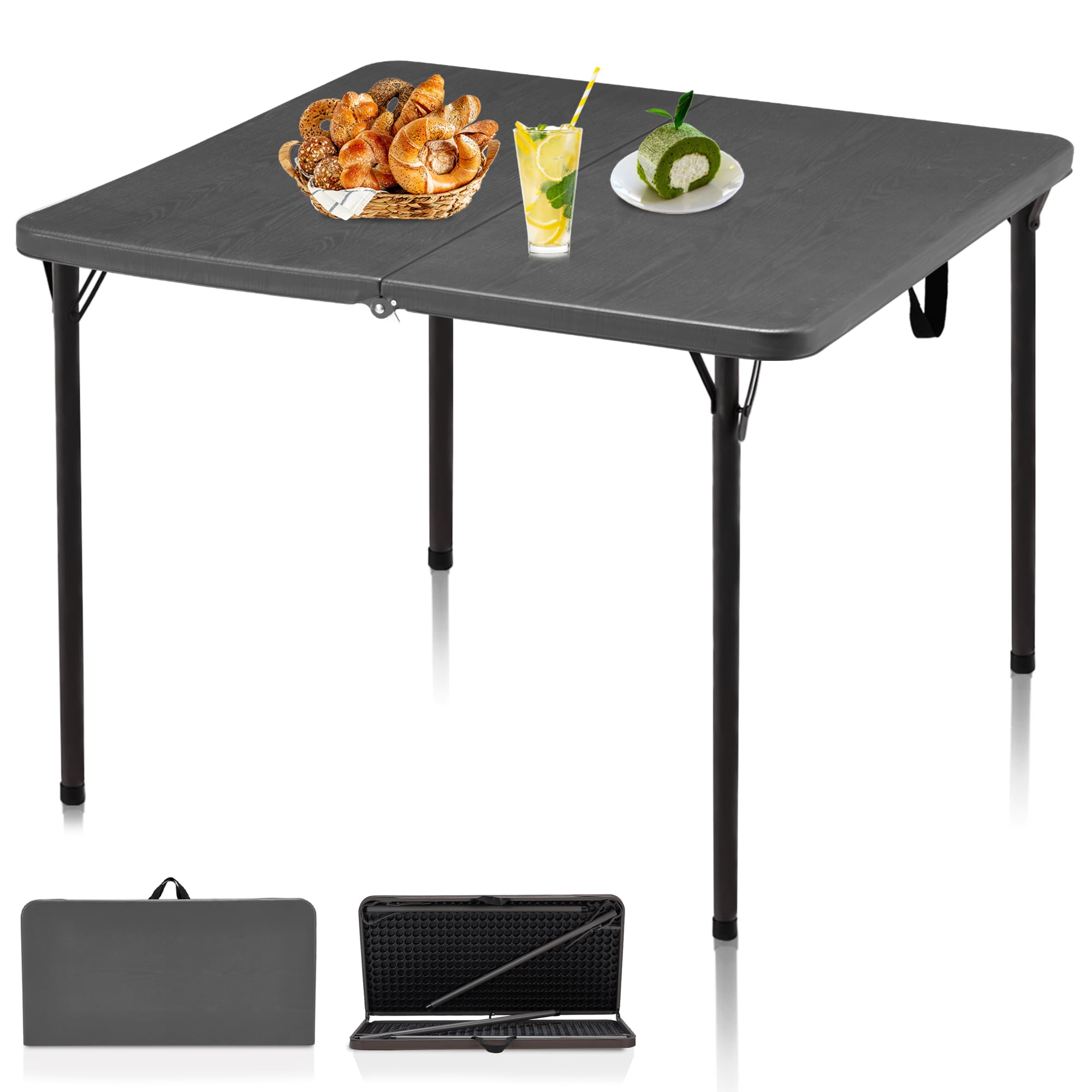 34" Folding Table, Portable Square Folding Card Table with Collapsible Legs & Carrying Handle, Plastic Tables for Camping,Picnic, Office, Party, Grey