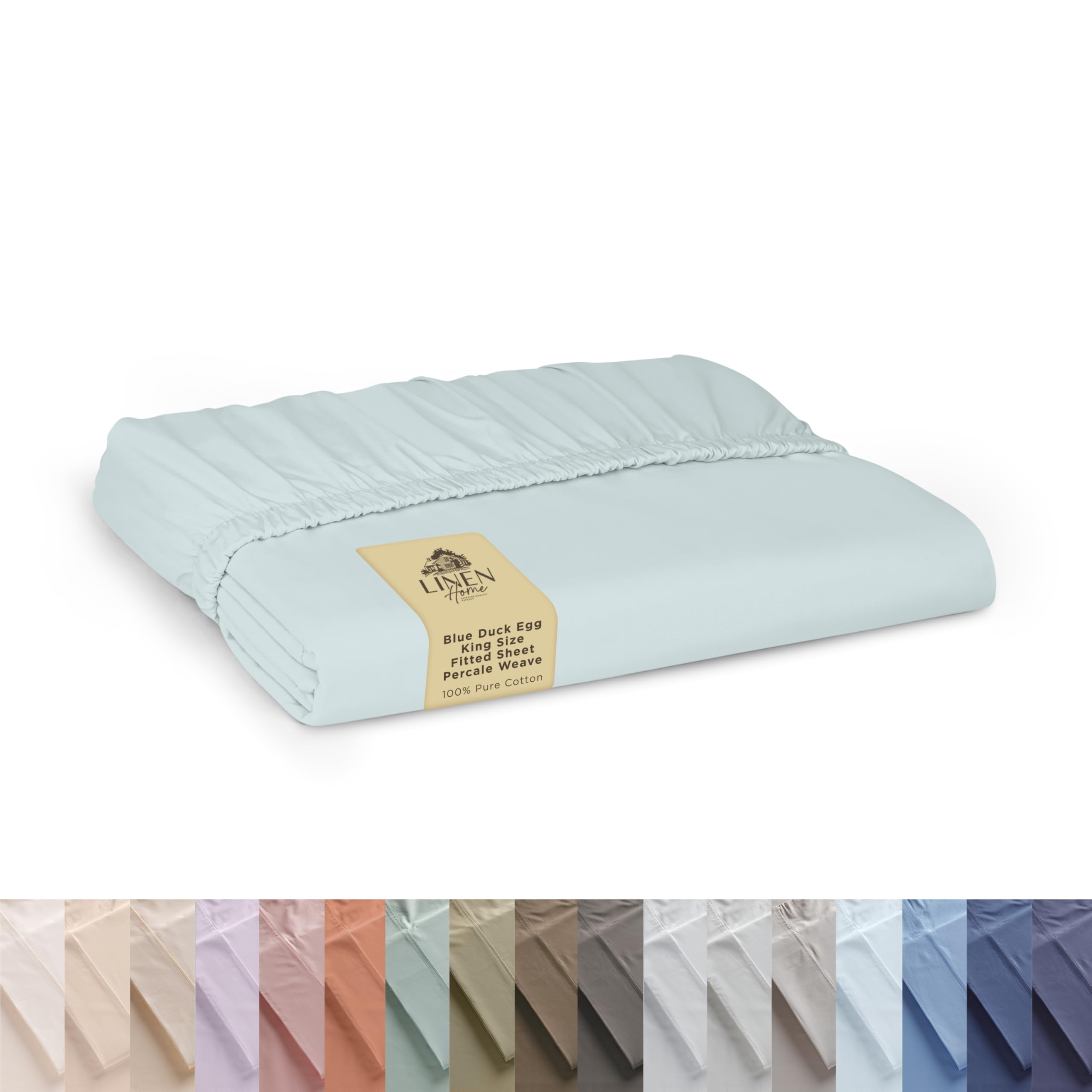 Linen Home 100% Cotton Percale Weave Fitted Sheet, King Size, Blue Duck Egg, 1 Deep Pocket Fitted Sheet, Fits Mattress Upto 16" Crisp and Cool Strong