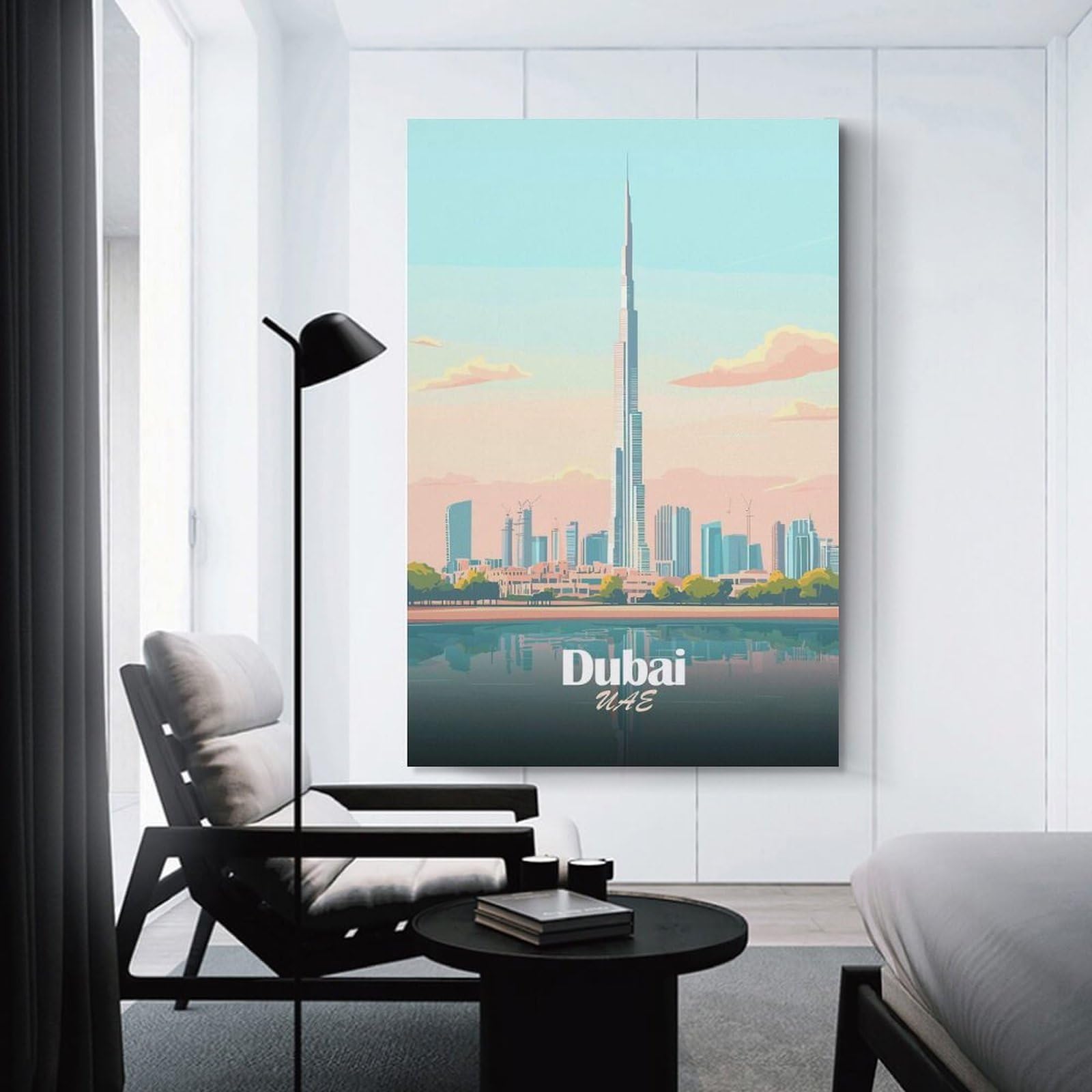 Junmoney Dubai Skyline Vector Illustration Hanging Wall Art, 20x30inch(50x75cm), for Entryway, Lounge Links Or Small Walls, Home Artwork for First Impressions