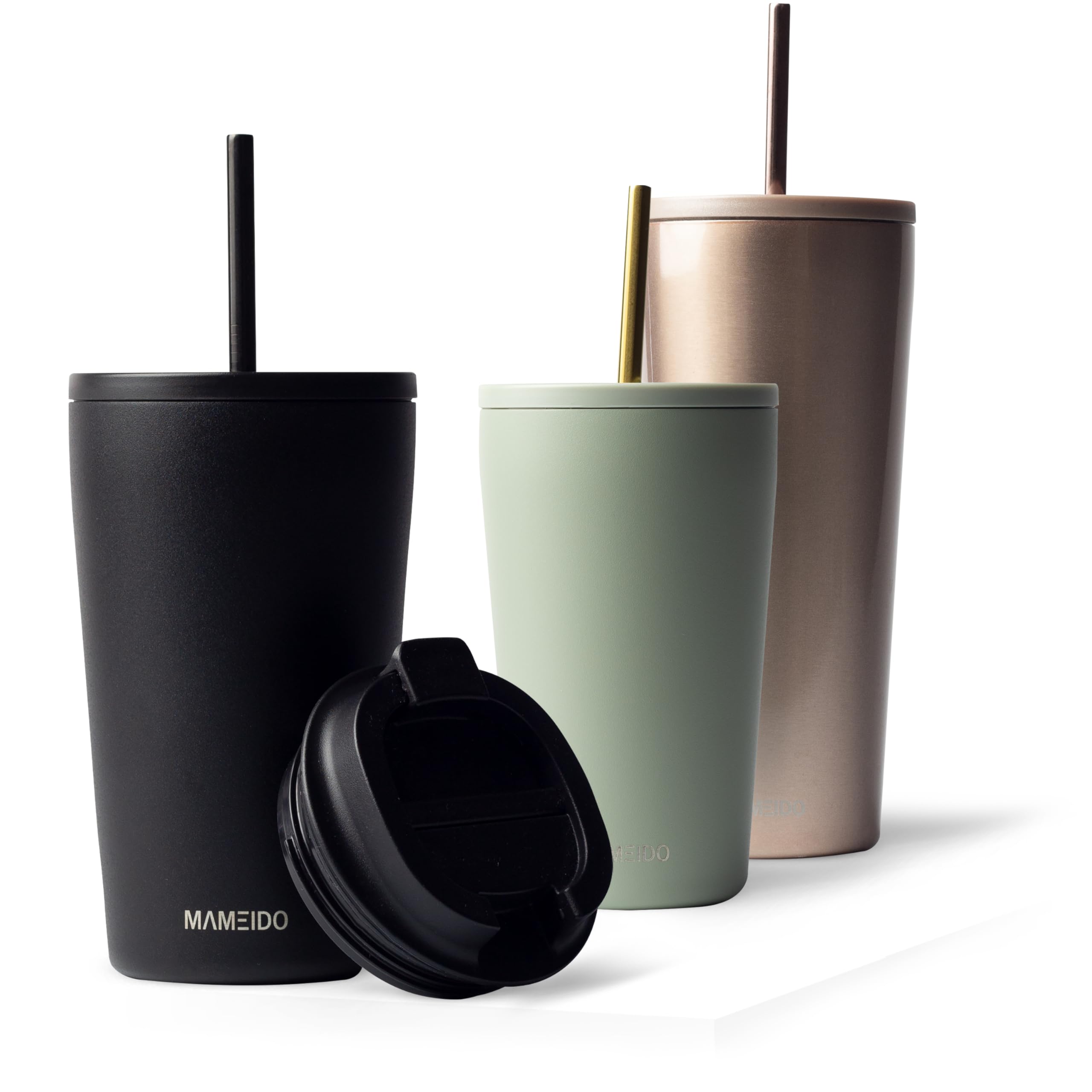 MAMEIDO Termo Cafe con Pajita y Tapa 470ml - Vaso Termico Antigoteo, Taza Termica acero inox sin BPA, Vaso Termo Cafe para llevar (Rich Black, 0,47l) 2