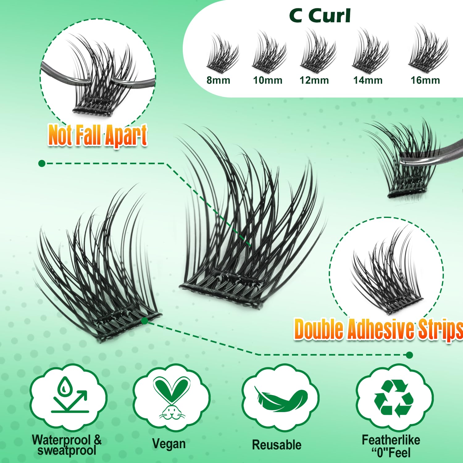 Self Adhesive Lash Clusters, 240 Pcs Individual Eyelashes No Glue Needed, 8–16mm Fluffy Wispy Cluster Lashes, DIY Lash Extension Kit for Natural Volume Look with Tweezers