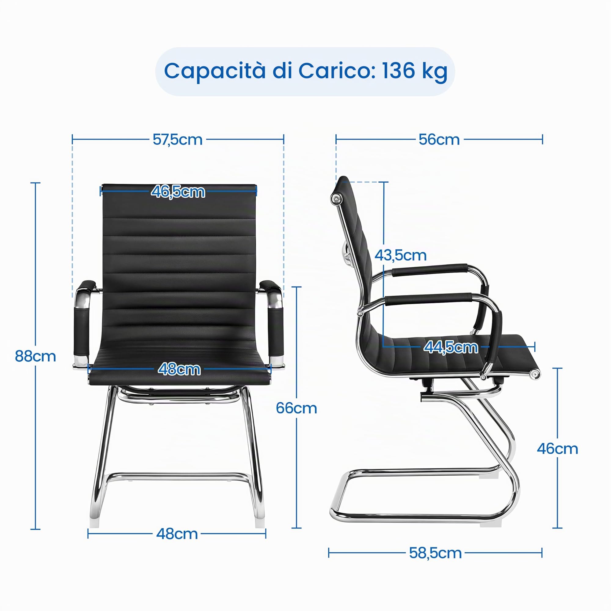 Set 2 Sedie da Pranzo a Sbalzo Imbottita Sedie Ufficio Ospiti | in Finta Pelle, Gambe in Metallo, per Sala da Pranzo, Soggiorno, Cucina, Reception, Nero