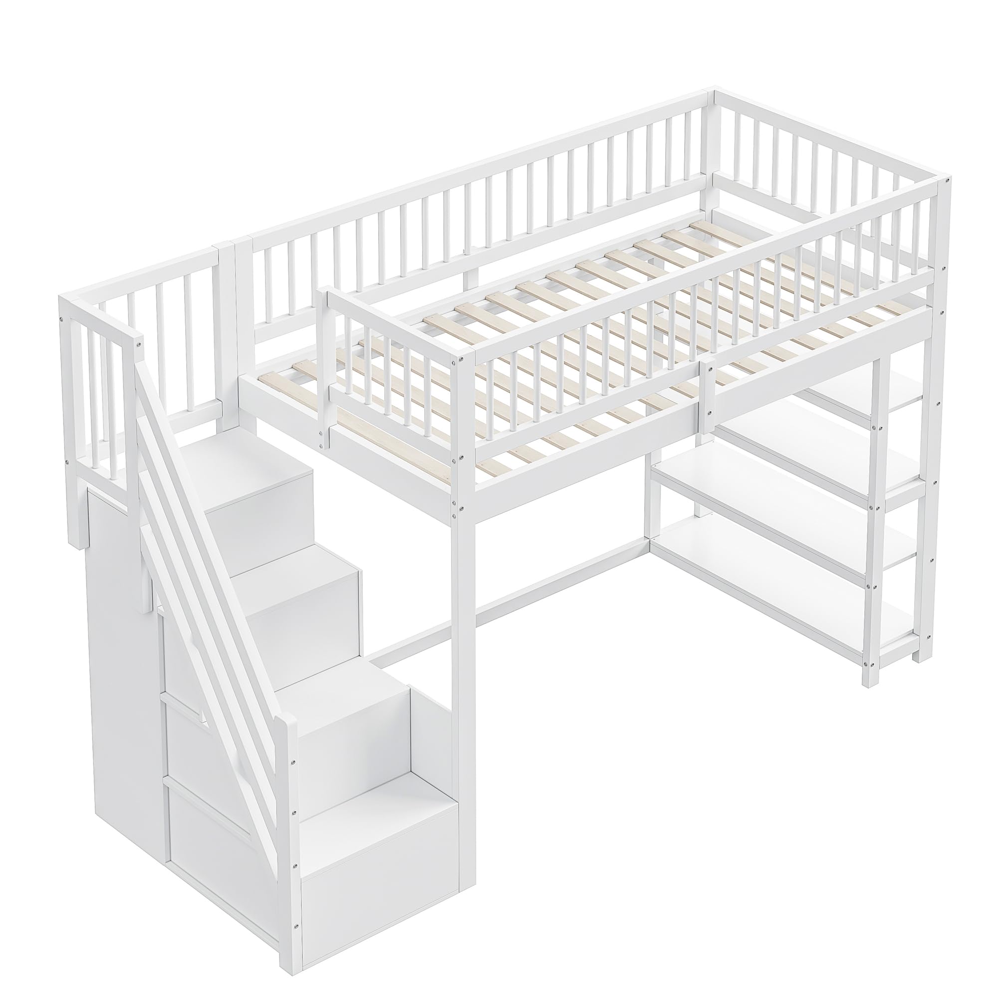 Cama alta de 90 x 200 cm, cama infantil, diseño de seguridad con armario, estantes y espacio de almacenamiento con escalera de seguridad, cama multifunción, cama de madera maciza (blanco)