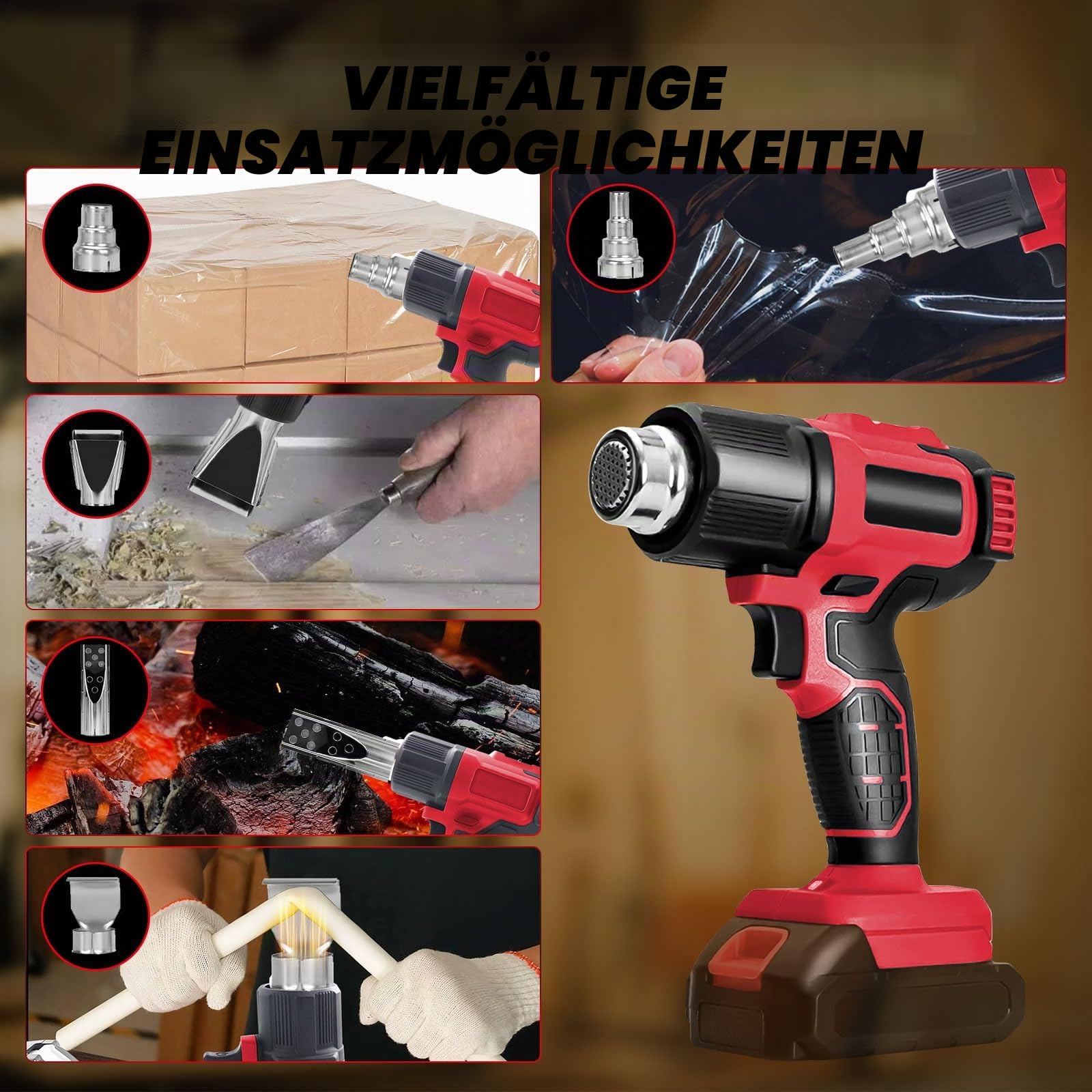 Akku-Heißluftpistole für Milwaukee 18 V Akku, schnurlose Heißluftpistole mit LCD-Display und 5 Düsen, 50 °C - 550 °C, variable Temperaturregelung zum Schrumpfen von PVC, Basteln (keine Batterie)