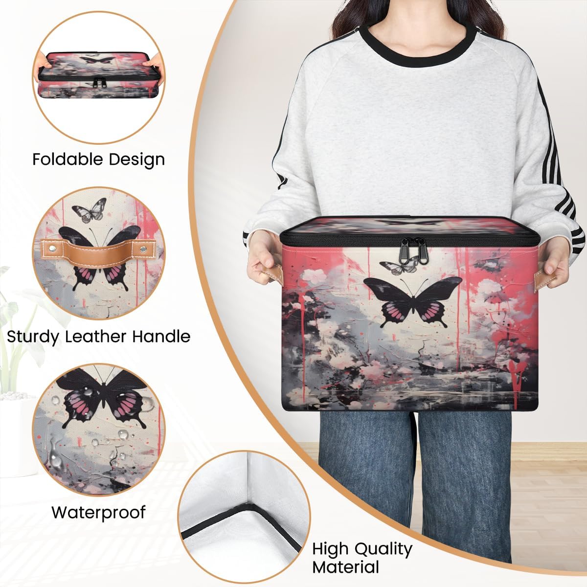 Storage Bin Set of 2 Watercolor Butterfly Storage Basket with Zipper Lid & Handle Foldable Closet Shelf 2 Pack Cloth Organizer Basket Cube Bins Clothes Organizer for Bedroom, Nursery