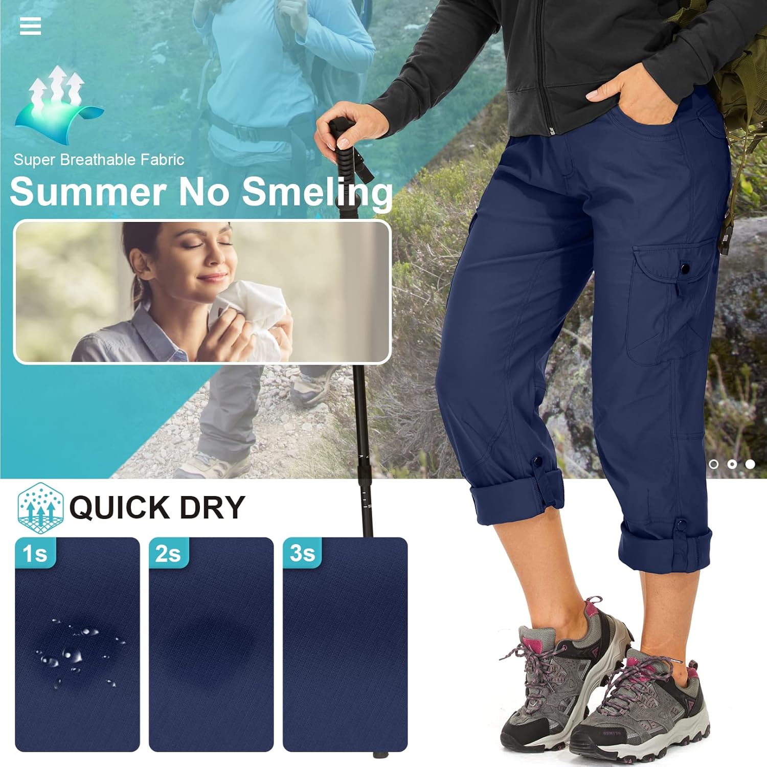 Toomett Women's Hiking Cargo Pants Convertible Quick Dry UPF50+ Waterproof Capri Fishing Safari Travel Pants - Image 3