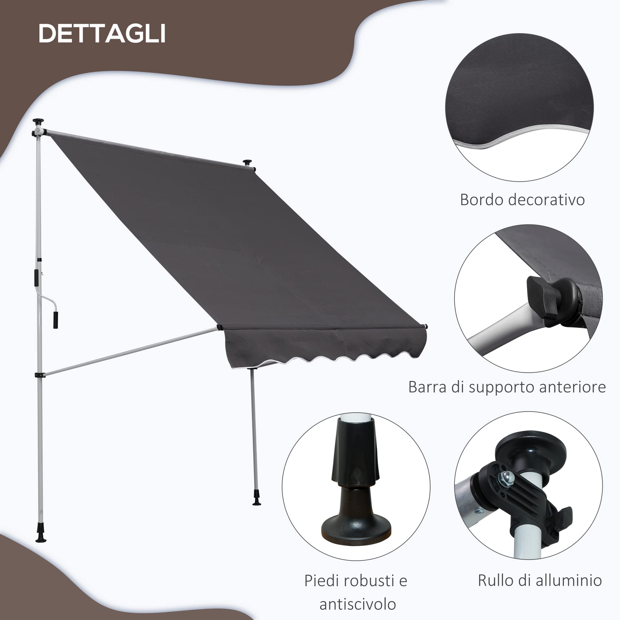 Outsunny Tenda da Sole per Esterno 2x1.5 m per Esterno a Rullo con Manovella, Telaio Telescopico e Angolazione Regolabile, Grigio