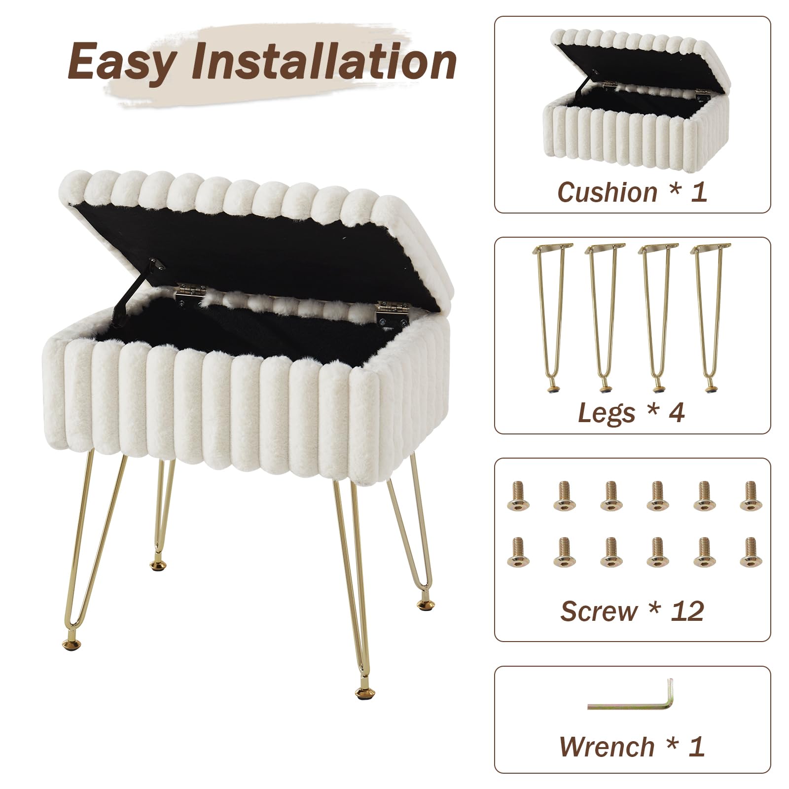 Taburete de tocador con almacenamiento, taburetes de piel sintética para maquillaje de tocador, taburete otomano con 4 patas de metal, sillas de asiento pequeñas para sala de estar 8