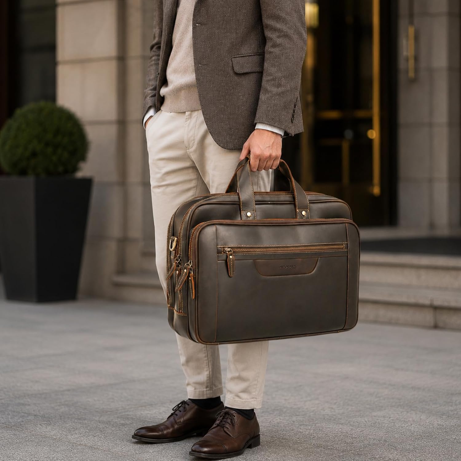 Polare 18" Full Grain Leather Briefcase For Men Business Travel Laptop Carrying Case Fits 17.3” Laptop