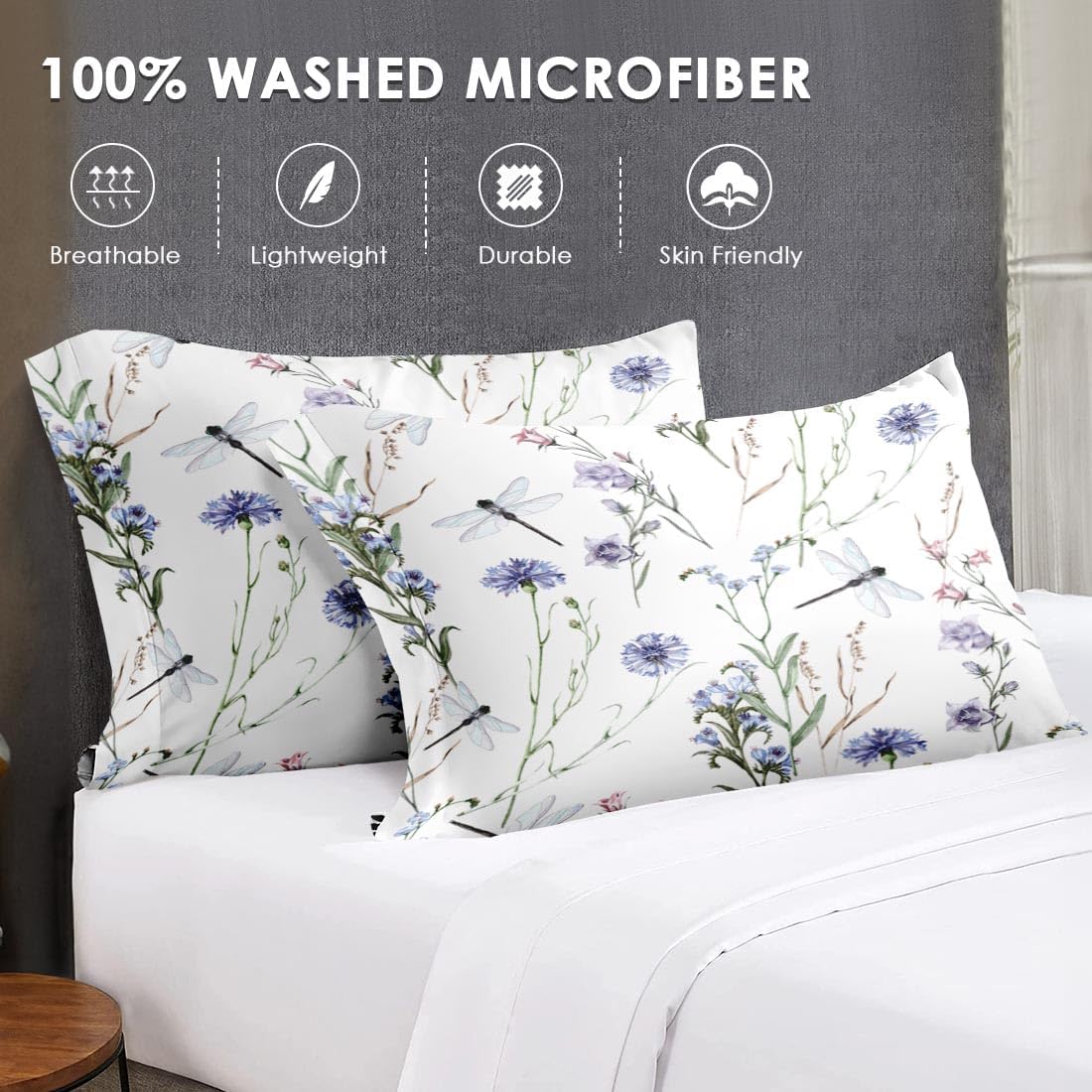 Queen Size Comforter Set with 2 Pillowcases, Wildflower Botanical Herb Plant Leaf Floral Flower Painting Dragonfly Soft 3 Pcs Bedding for Kids and Adults Bedroom Bed Decor - Image 7