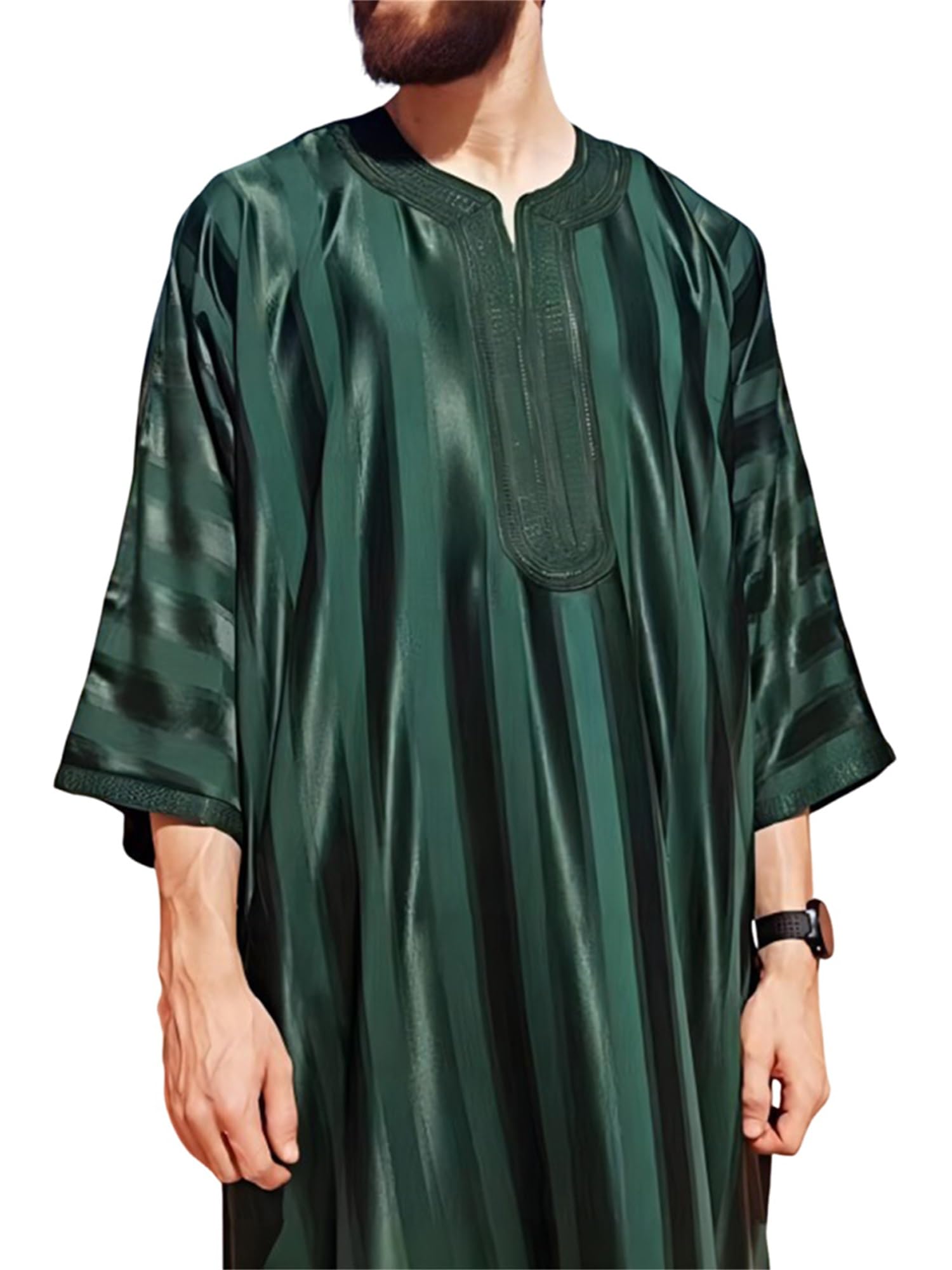SANSIWU Mens Kaftan Robe Striped Print 3/4 Sleeves Arabic Thobe Summer Satin Middle East Kaftan Gown Shirt Men Nightshirt (A-Green, M)