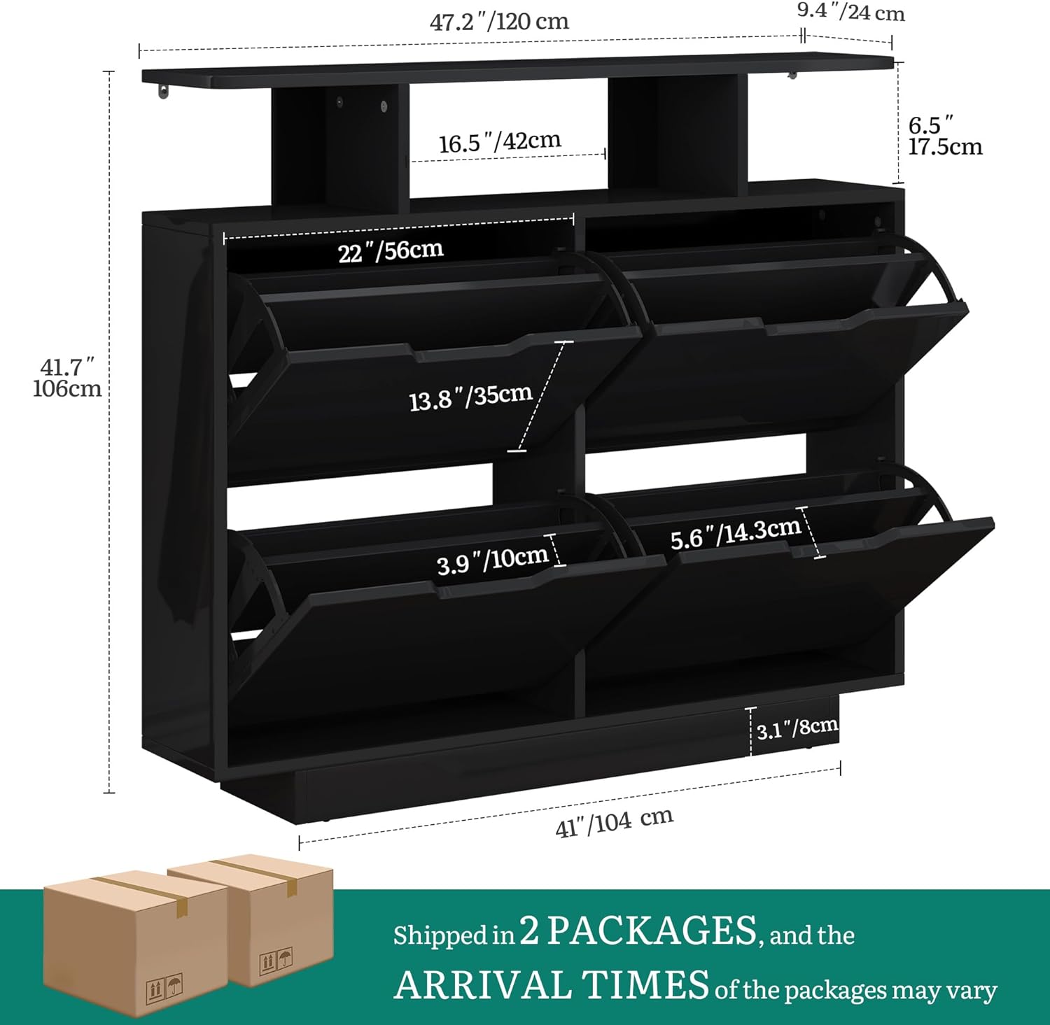 Diagram showing the dimensions of the YITAHOME Slim Shoe Cabinet, including width, depth, and height, and internal compartment measurements.