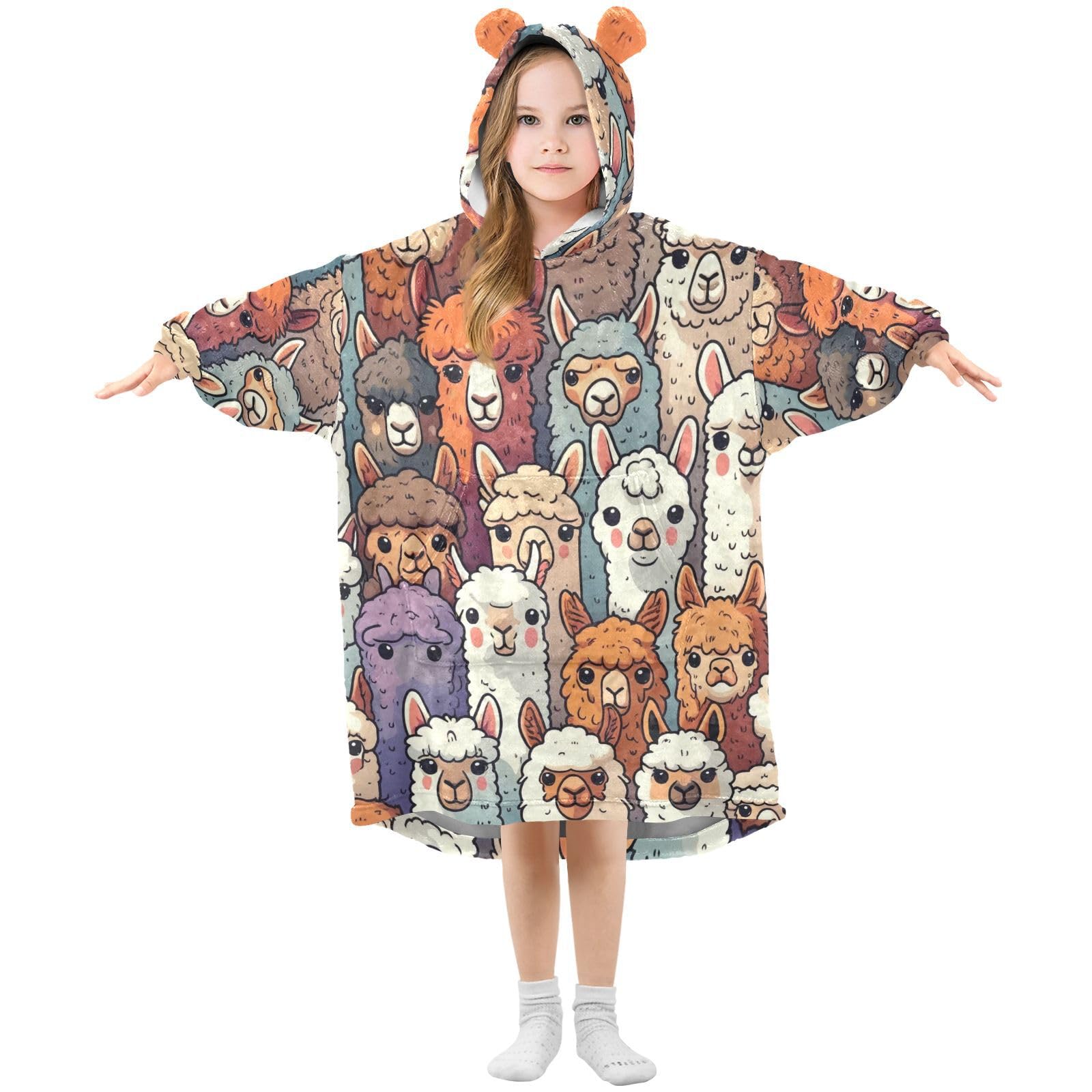 Oversized Blanket Hoodie for Kids Adult Girls Boys, Fleece Hoodie Blanket Alpaca Llama Animal Face Warm Plush Wearable Blanket Hoodie Sweatshirt with Roomy Pocket, Large
