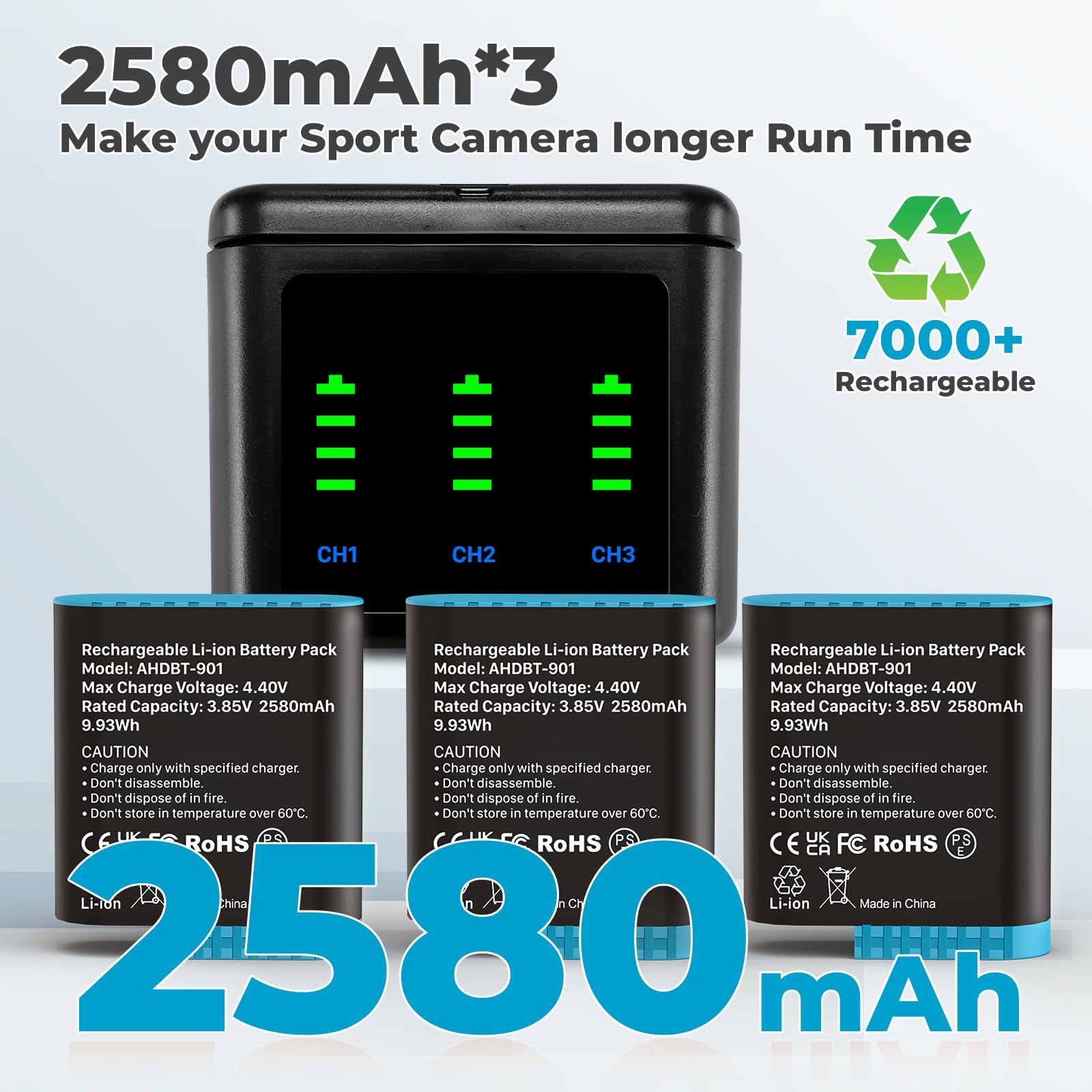 3-Stück Hero12 Akku Ladegerät Kit 2580mAh Ersatzakkus Typ-C LED Dreikanal Ladestation für GoPro Hero 12 11 10 9 Black (Ladegerät +3 Akkus)