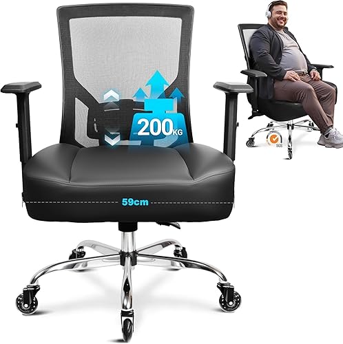 MELOKEA Heavy Duty Office Chair 440LBS/200KG, 23.2" Extra Wide Spring Cushion Ergonomic Chair, PU Leather Executive Chair with Reclining Backrest, Adjustable Lumbar Support & Pillow, Big & Tall XXL - Black Pu Leather Cushion - XL