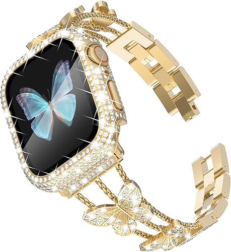 Miniatura 8 de Wingle Correa de acero inoxidable para Apple Watch de 1.575 in para mujer, iWatch Series 6, 5, 4, SE, con diamantes de imitación, mariposa,